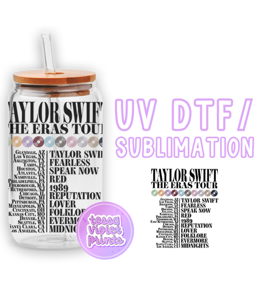 a jar with a straw lid and a label for taylor swift the eras tour