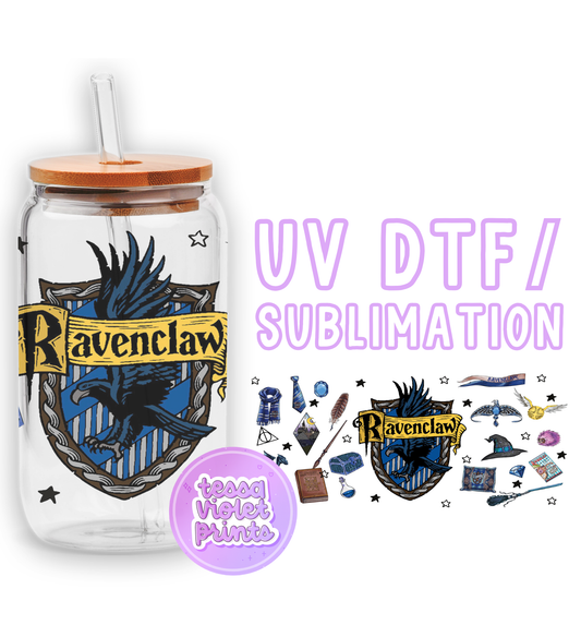 a glass jar with a straw lid and a sticker with a ravenclaw