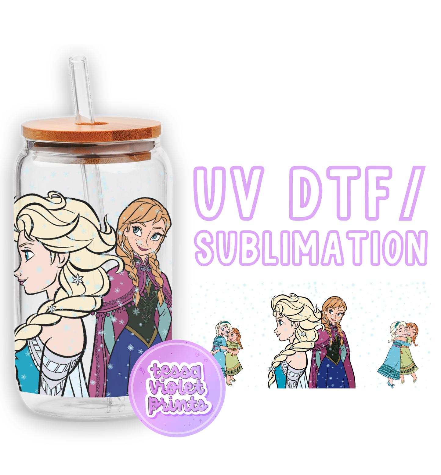 a glass jar with a picture of two princesses inside of it