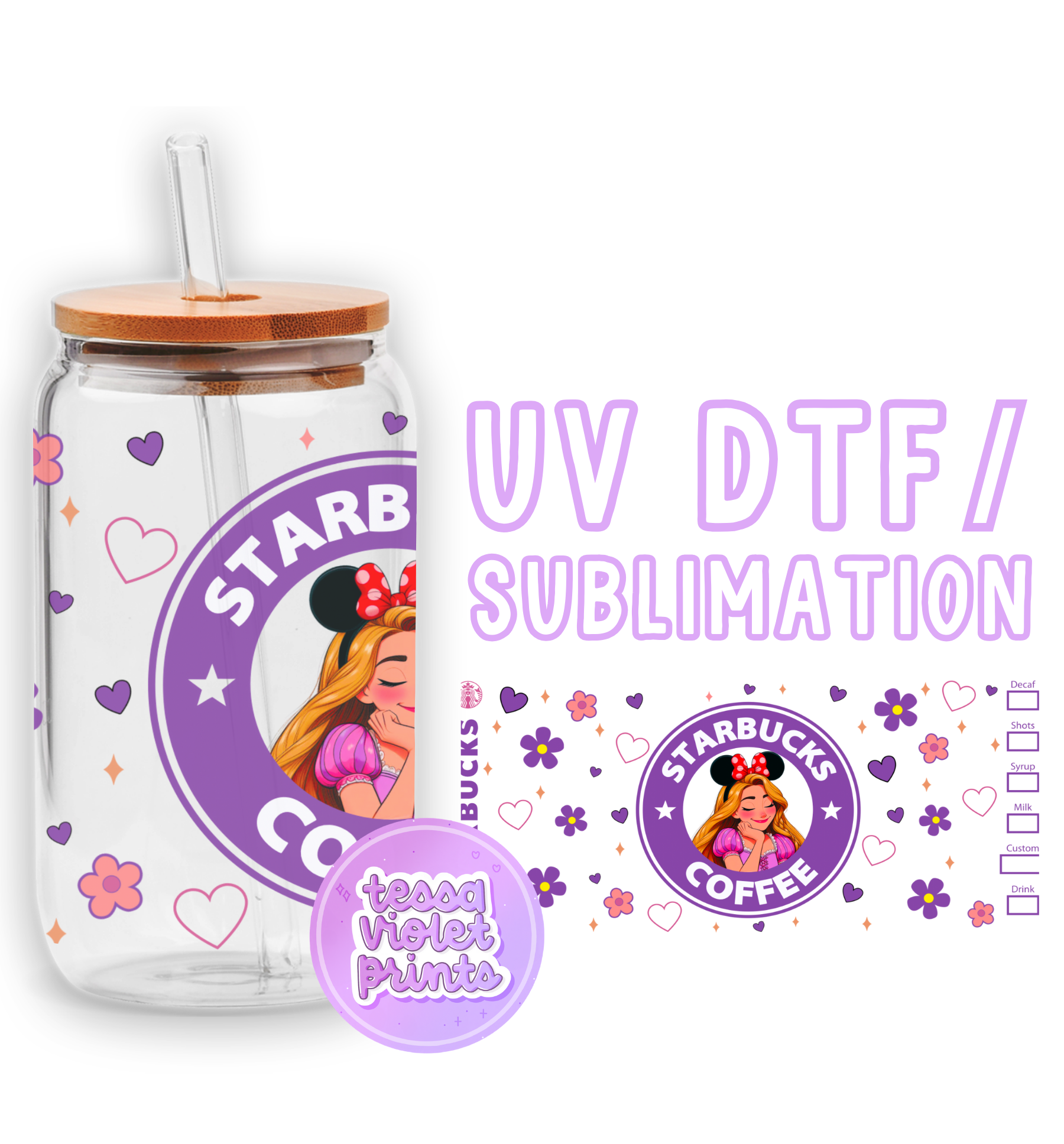 a glass jar with a straw lid and a sticker with a picture of a