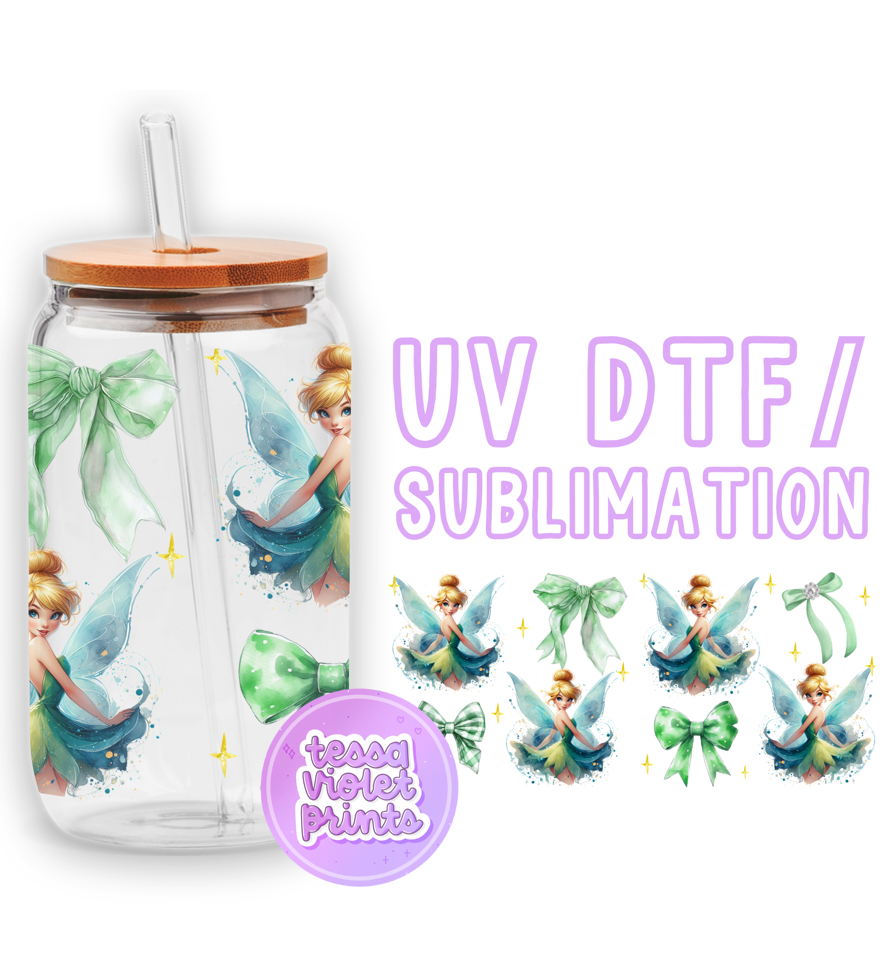 a glass jar with a picture of a fairy on it