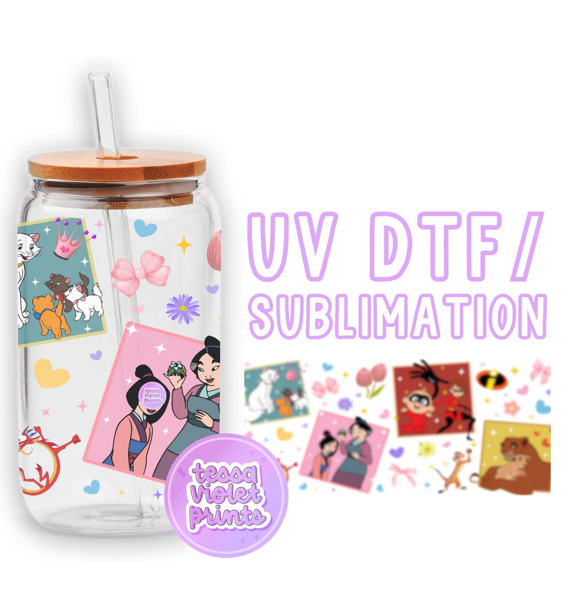 a glass jar with a lid and stickers on it