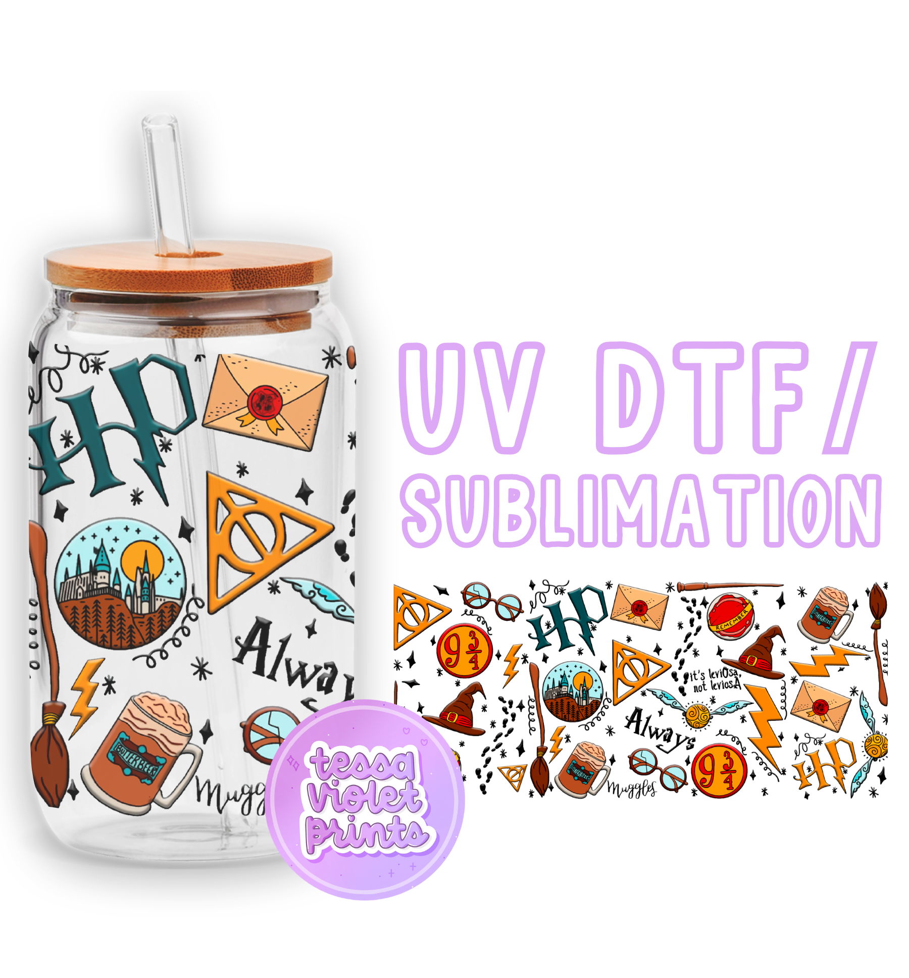 a glass jar with a lid and a sticker with a picture of harry potter