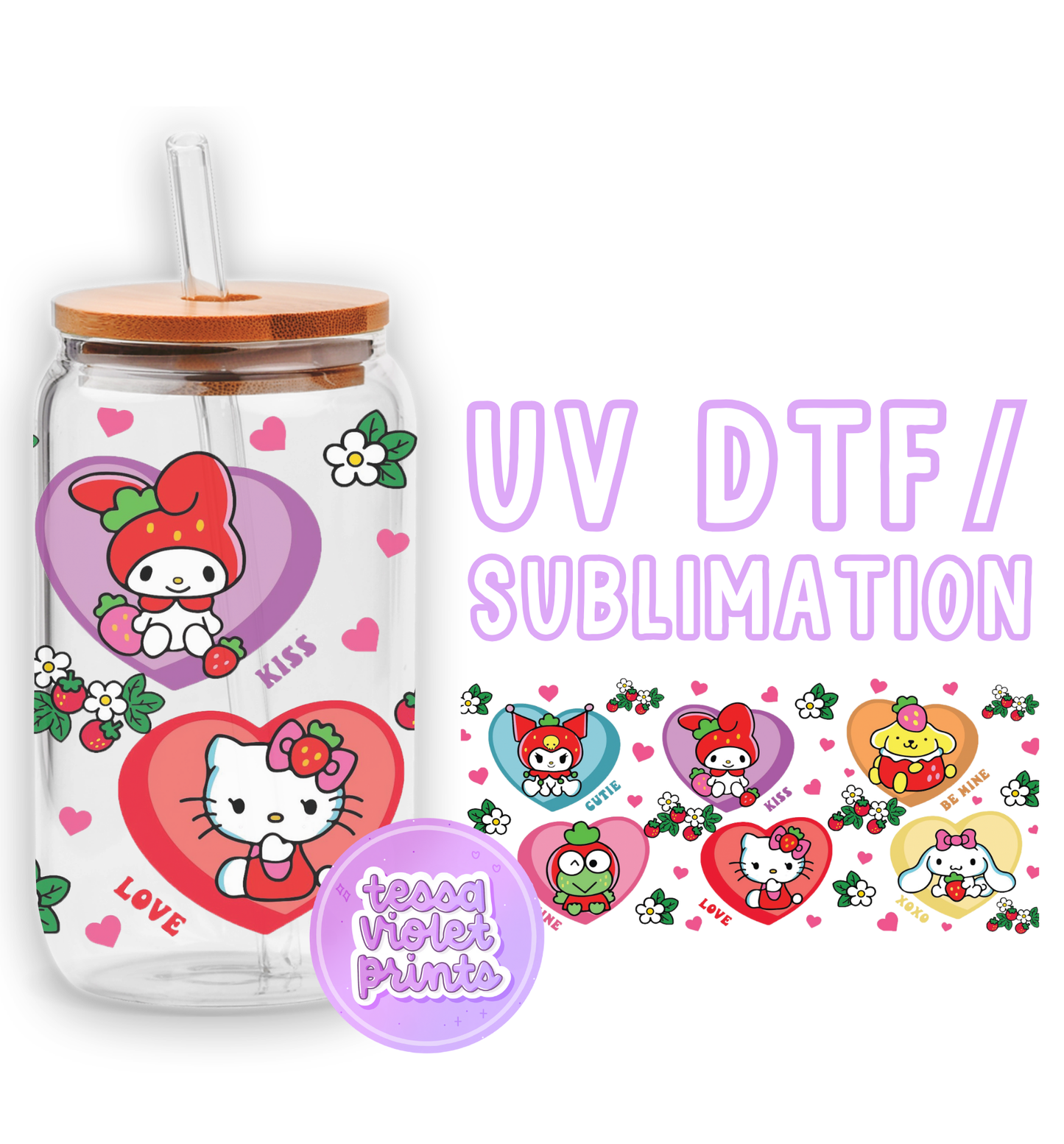 a glass jar with hello kitty stickers on it