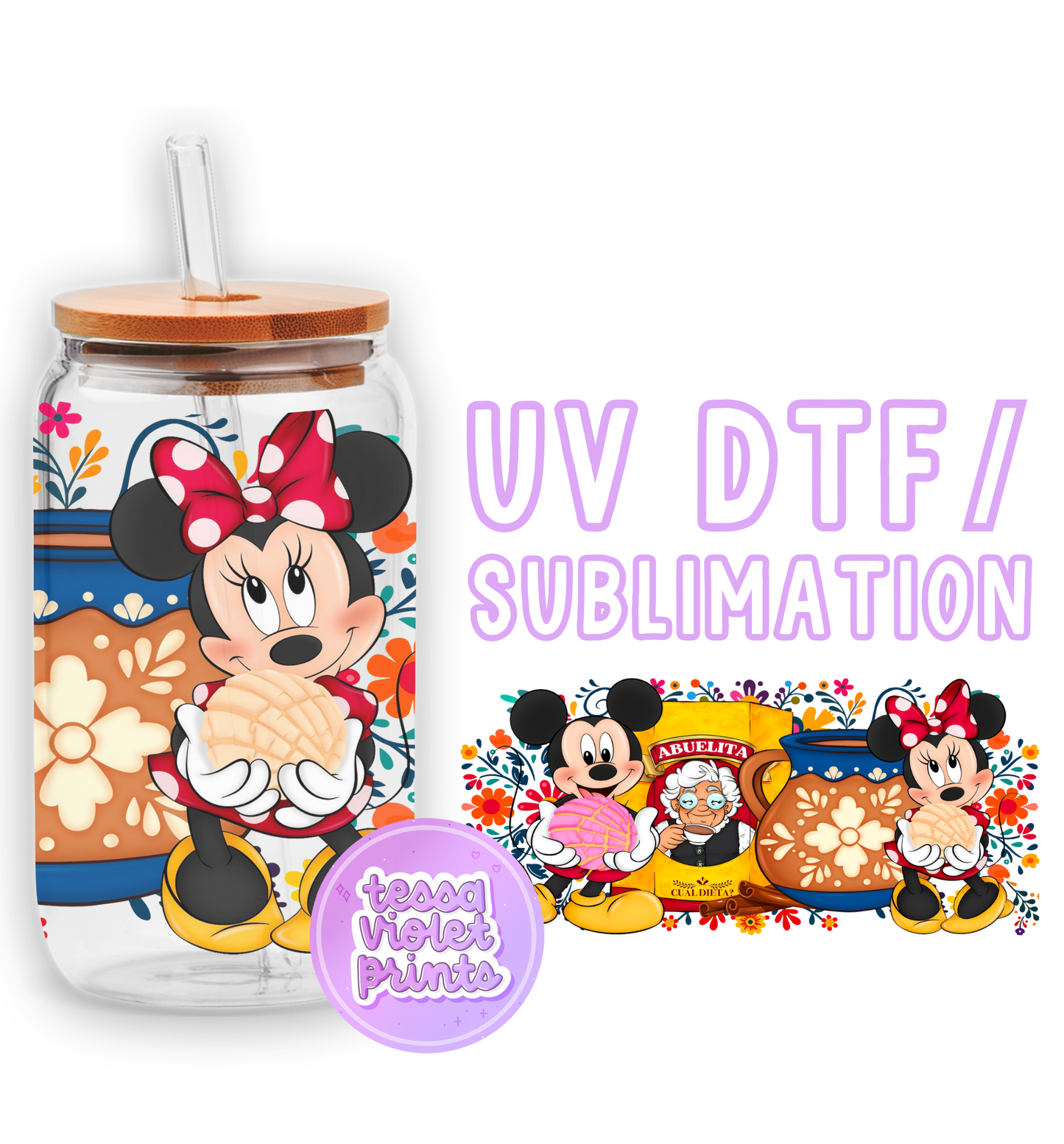 a glass cup with a minnie mouse design on it