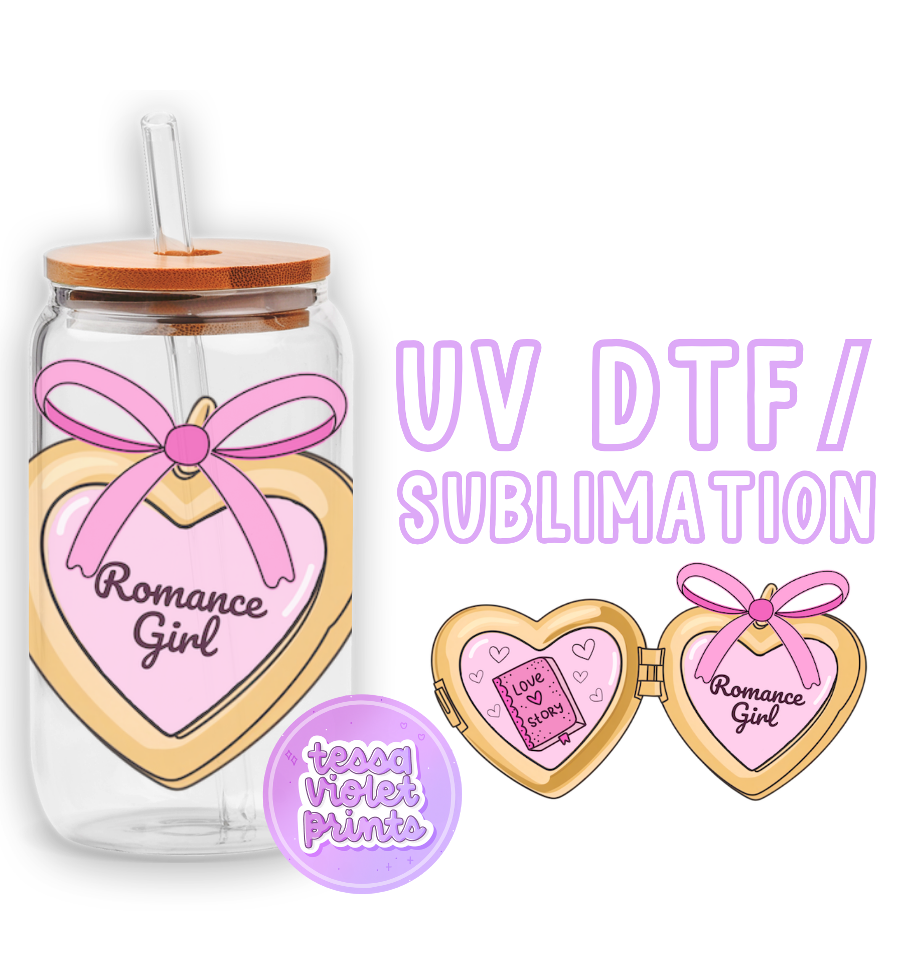 a glass jar with a pink bow and two hearts