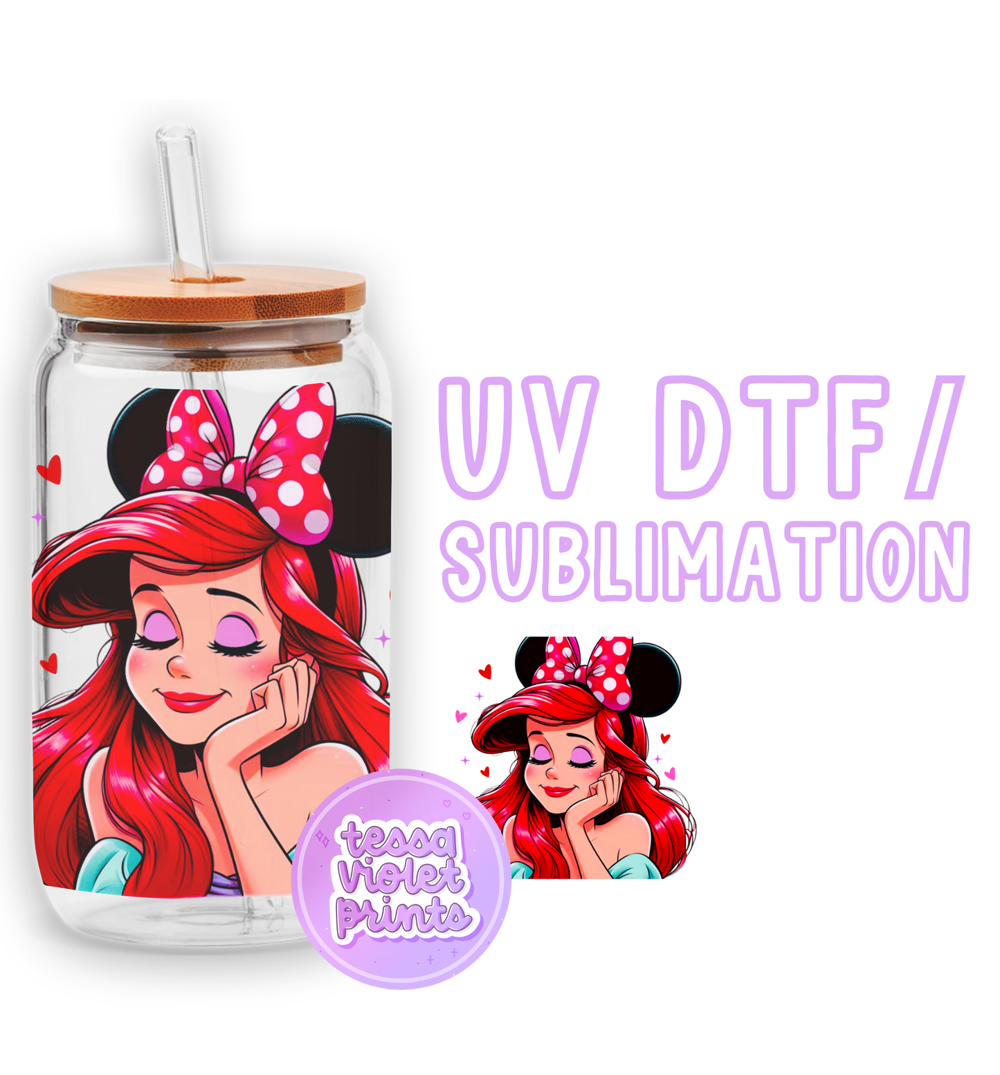 a glass jar with a picture of a girl in a minnie mouse hat