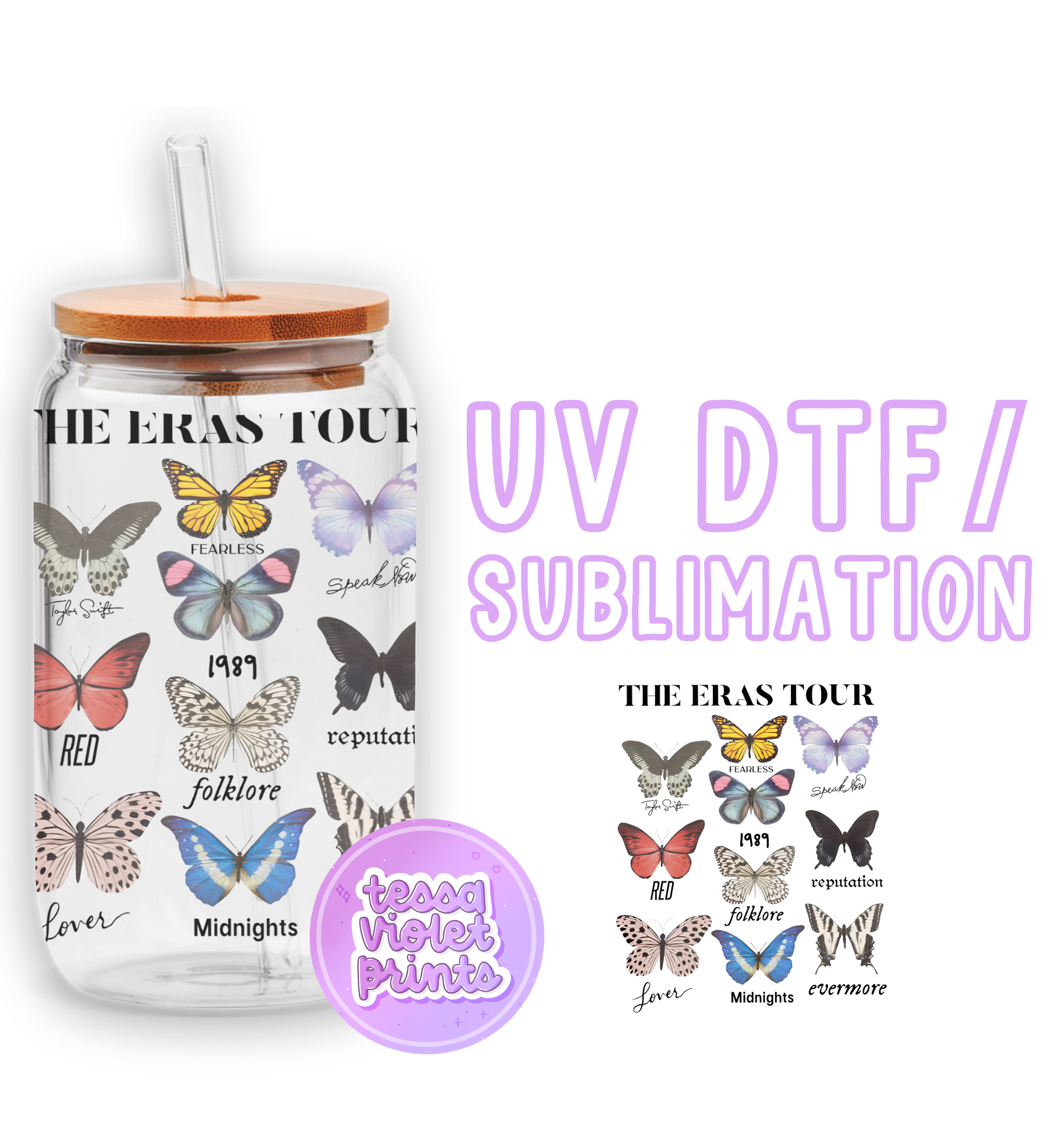 a water bottle with butterflies on it and the words vv dtf / sub