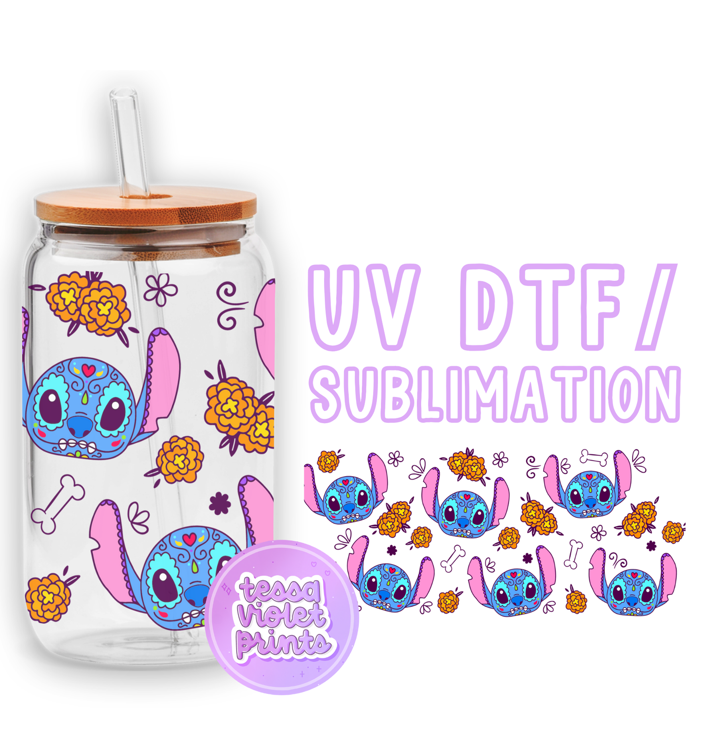 a glass jar with a straw lid and a sticker with a picture of stitch