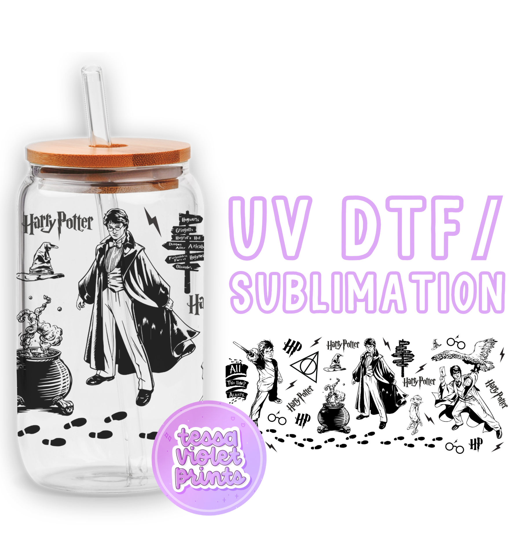 a glass jar with a drawing of a wizard on it