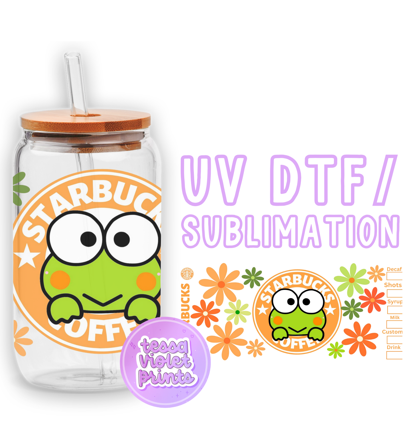 a glass jar with a straw lid and a sticker with a cartoon character on