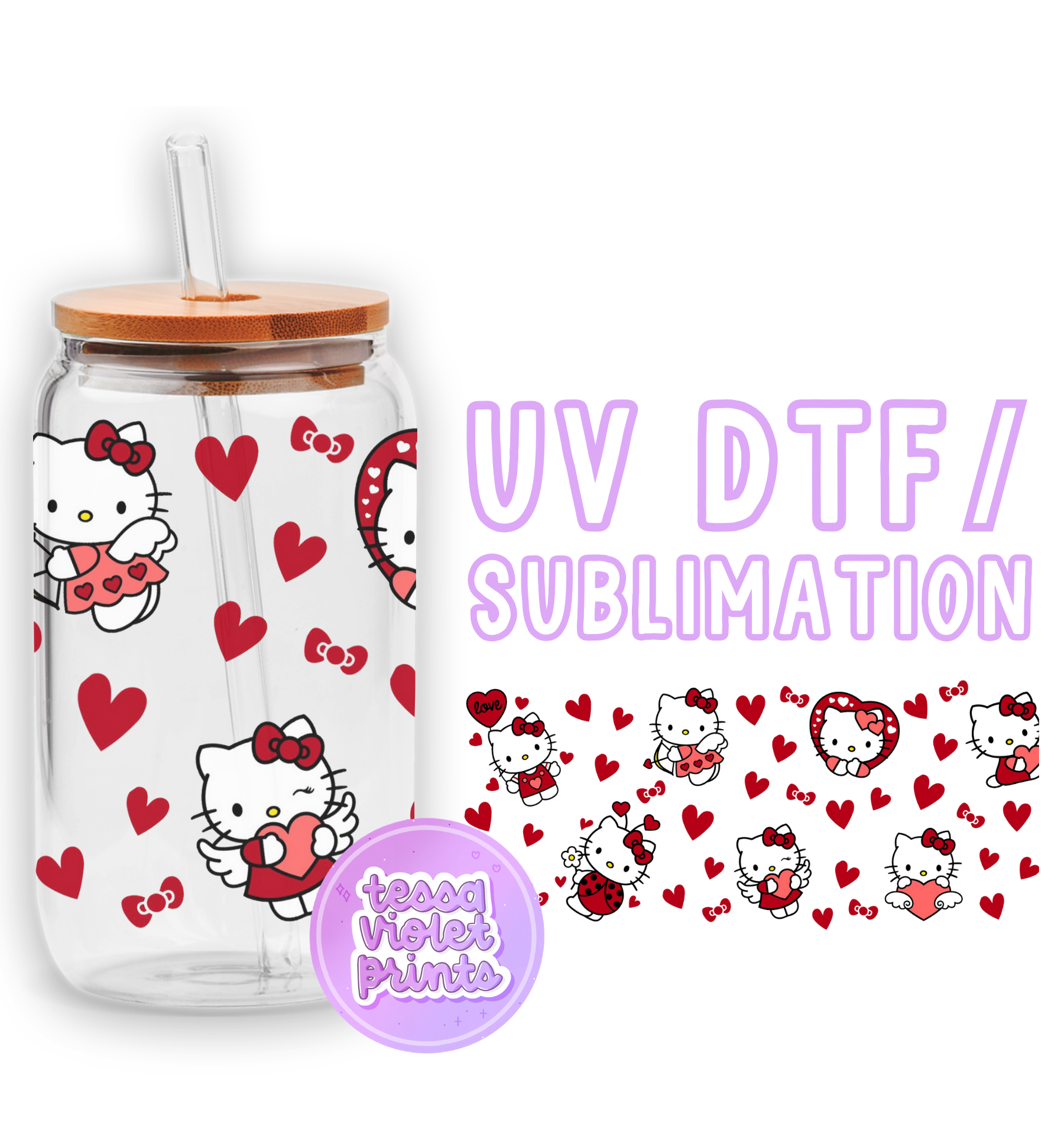 a glass jar with hello kitty stickers on it