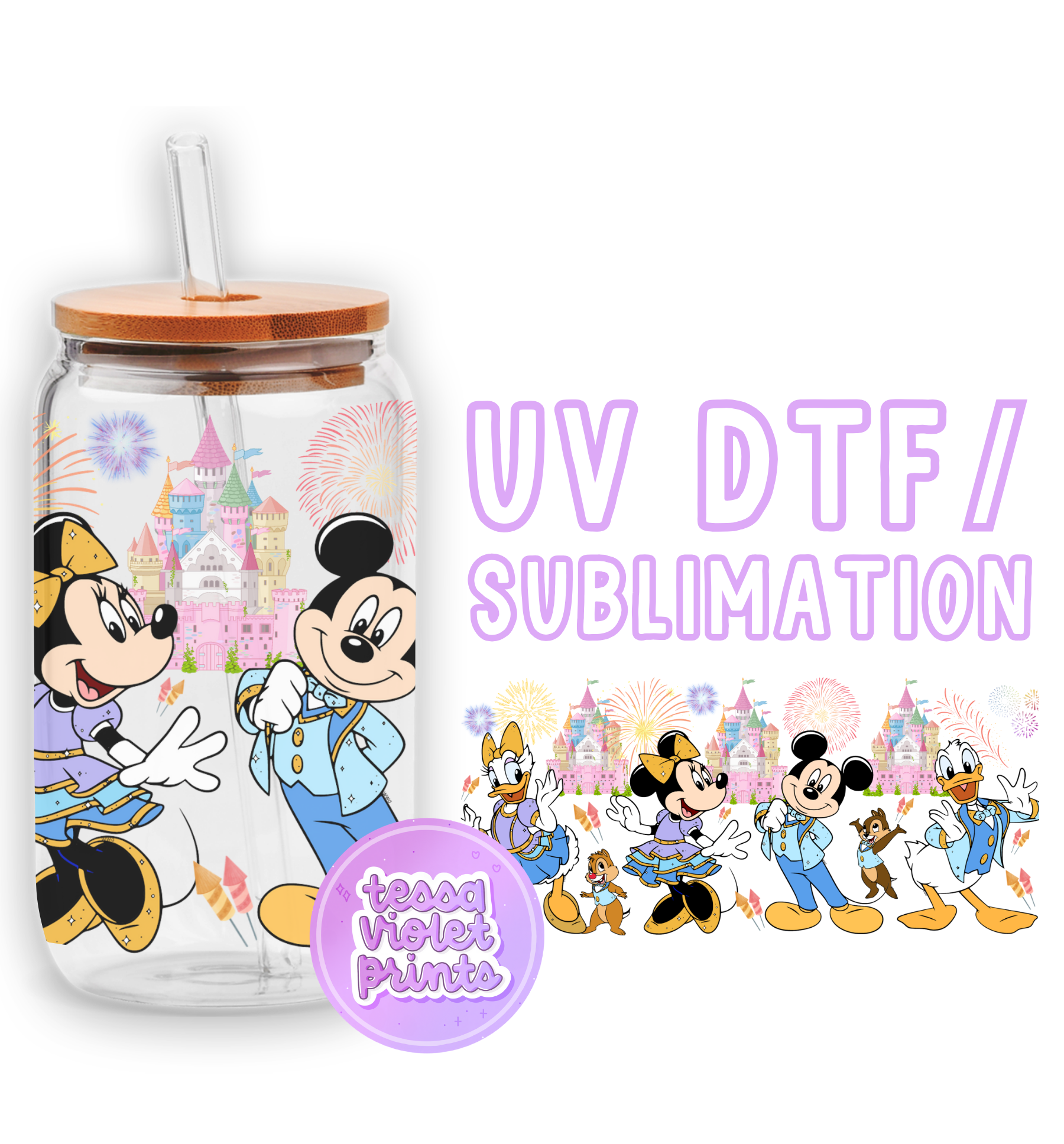 a glass with a mickey mouse cartoon on it