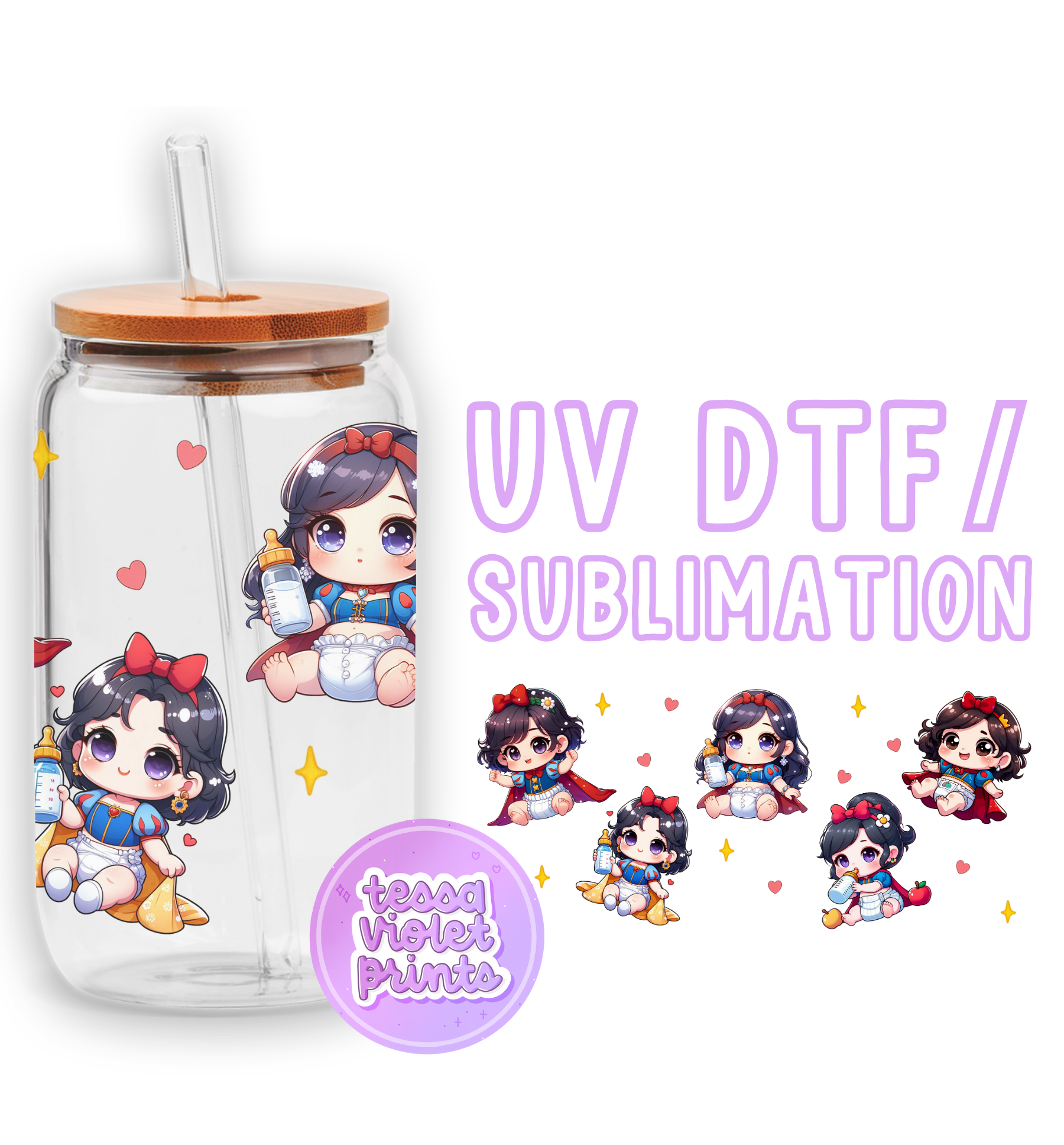 a glass cup with a cartoon girl on it