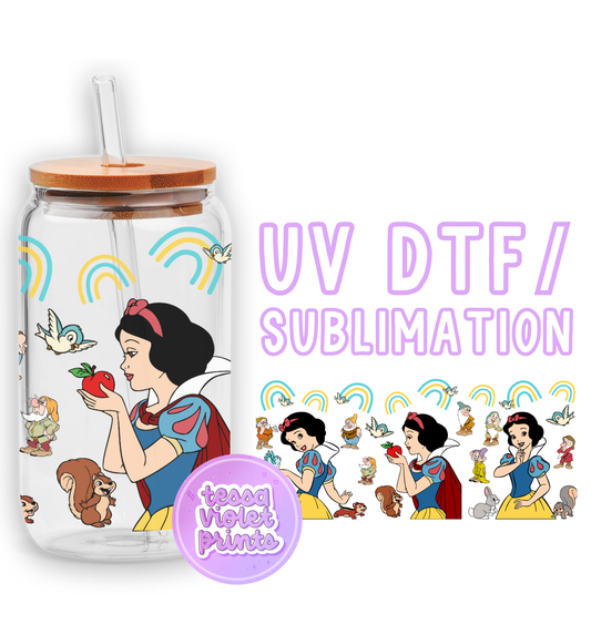 a glass jar with a cartoon of snow white holding an apple