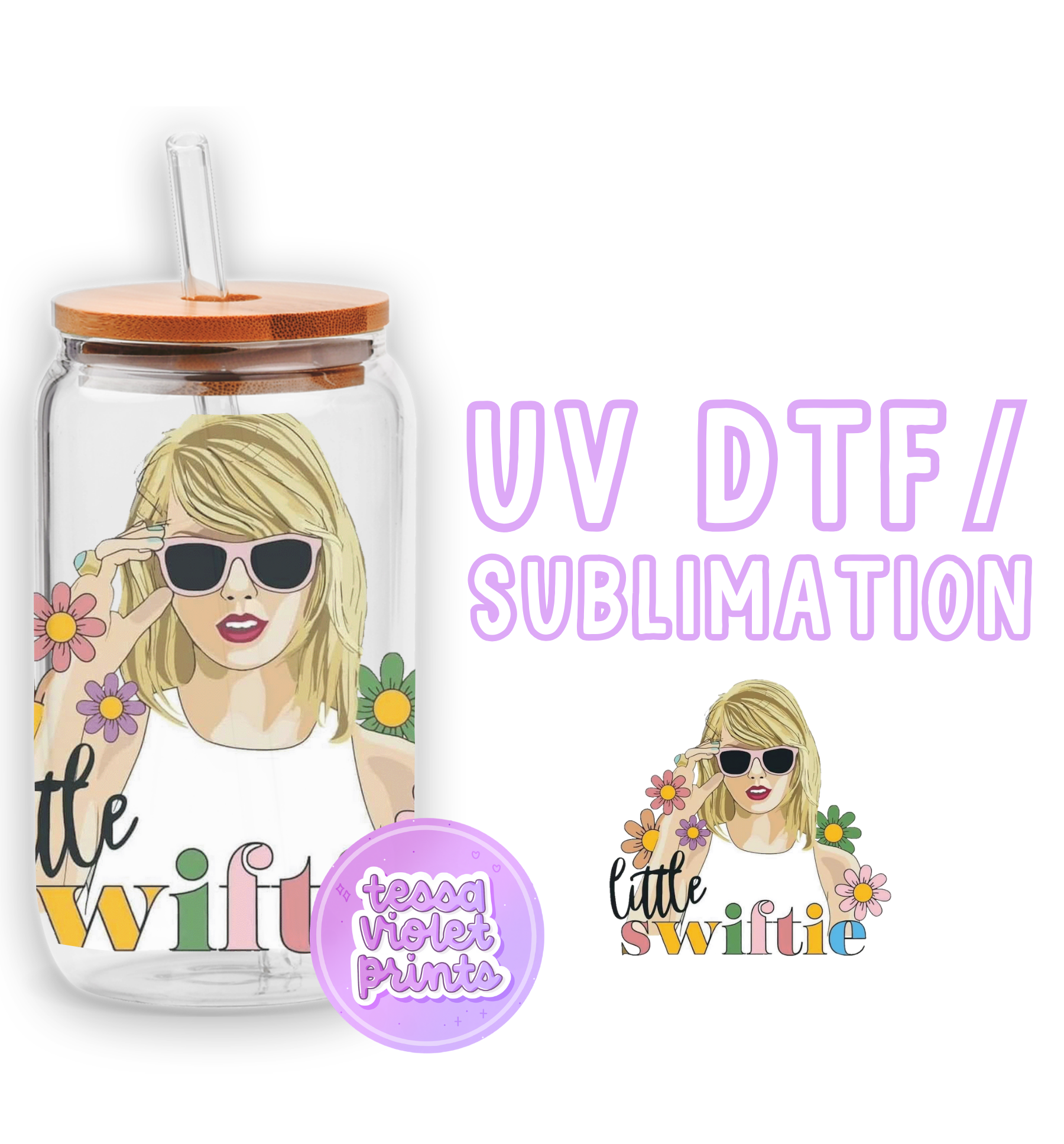 a glass jar with a picture of a woman wearing sunglasses