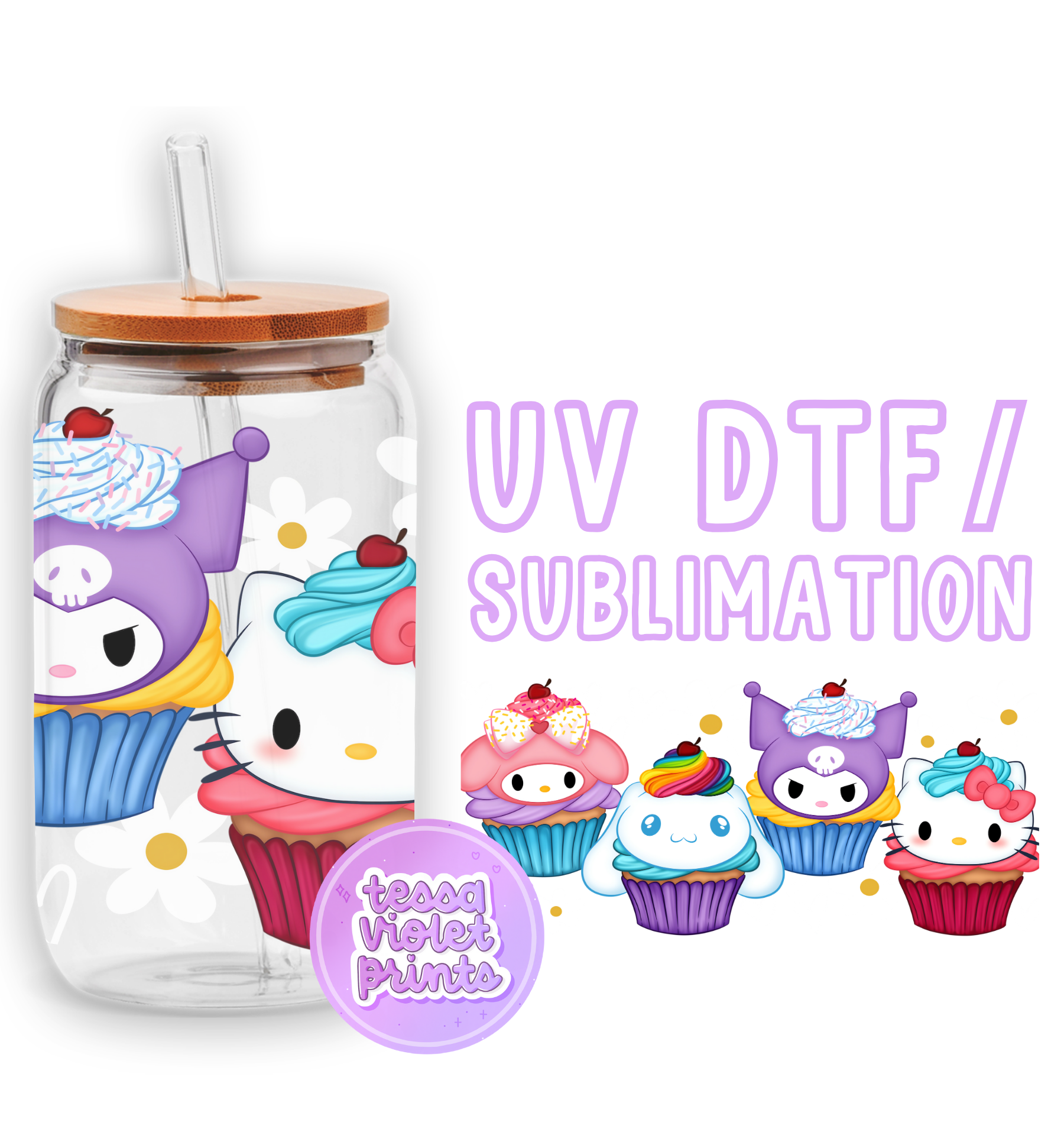 a glass jar with a hello kitty design on it