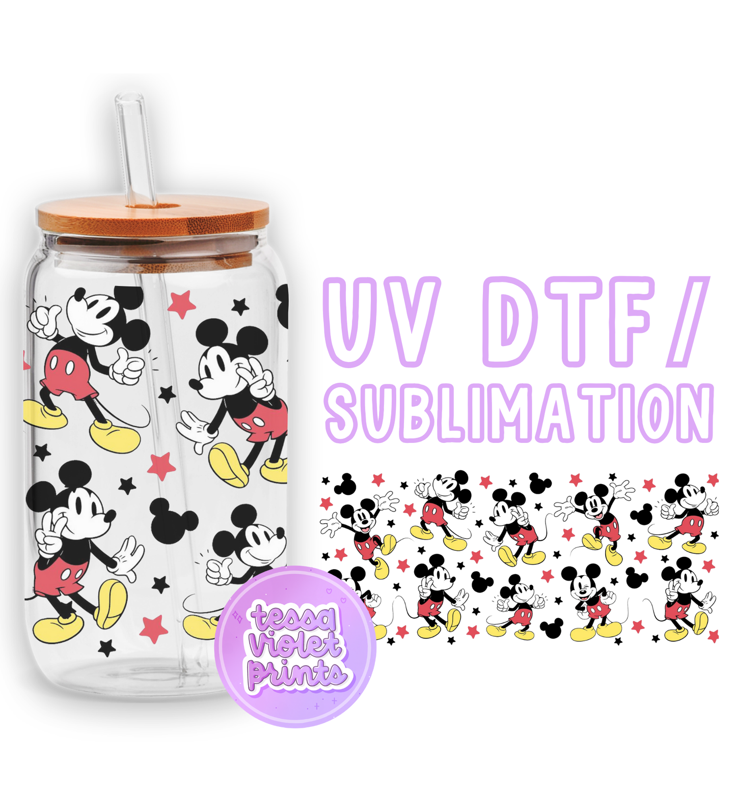 a glass cup with a straw lid and a mickey mouse pattern