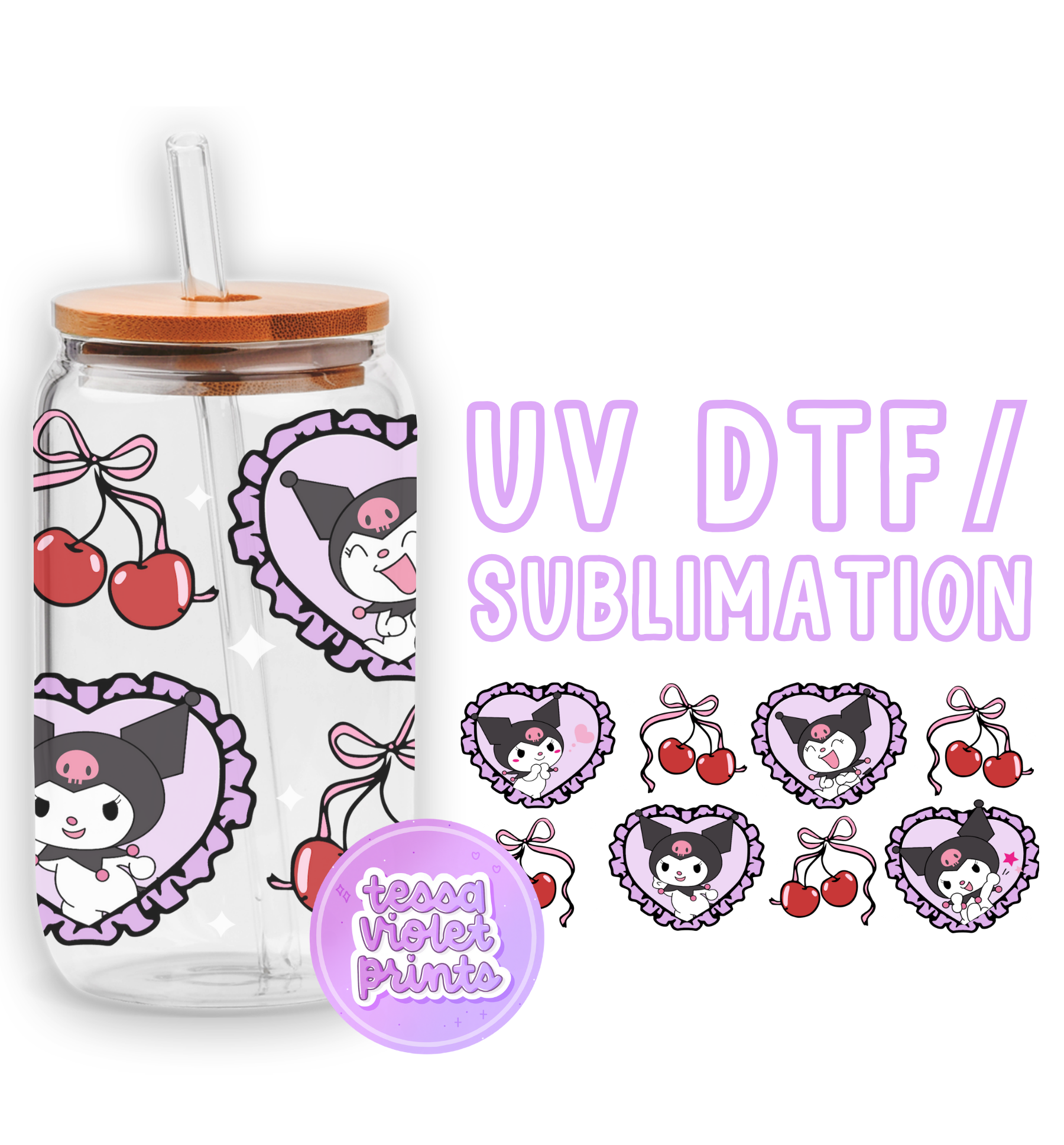 a glass cup with a straw lid and a sticker with a picture of a