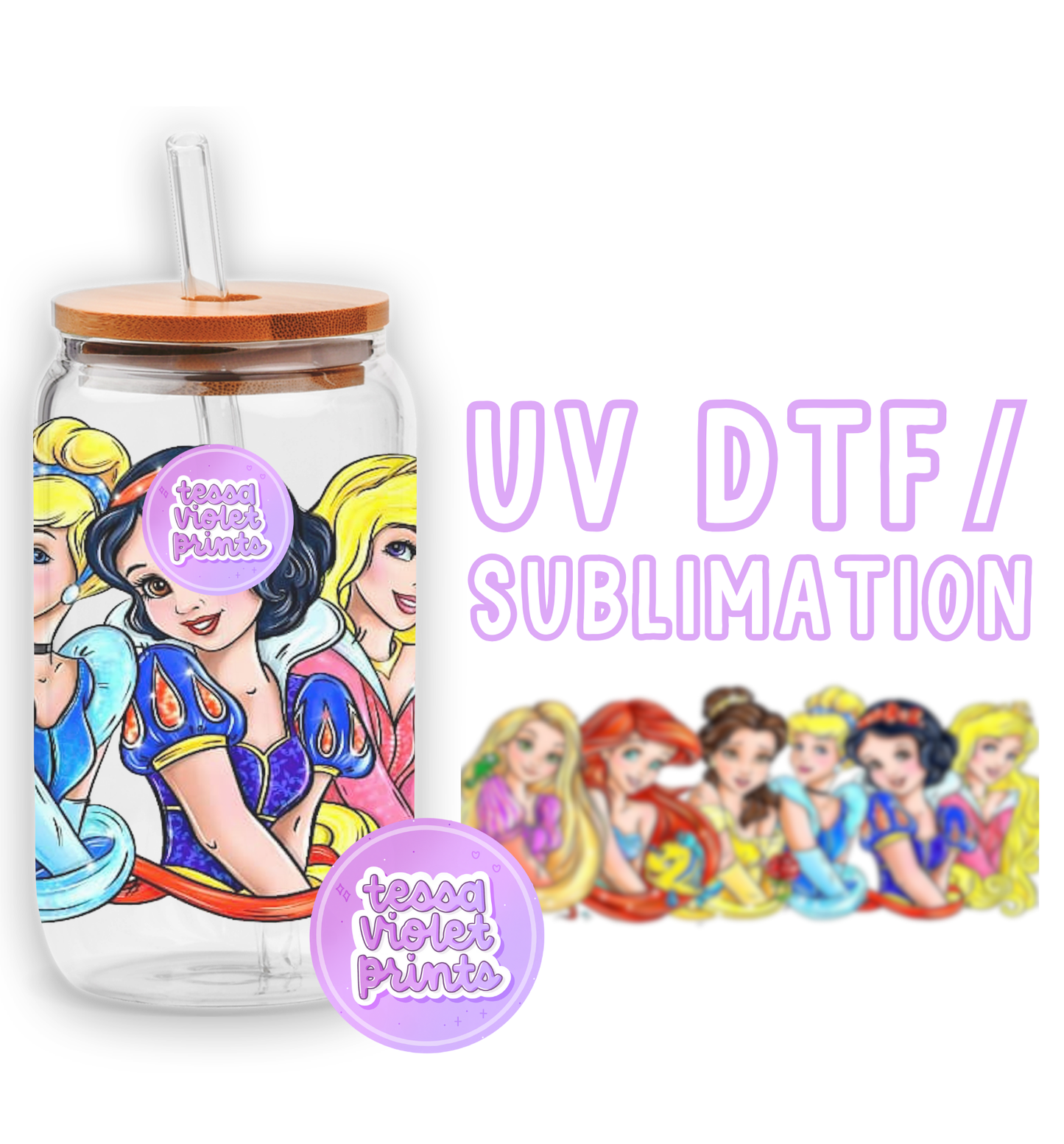 a glass jar with a picture of princesses on it