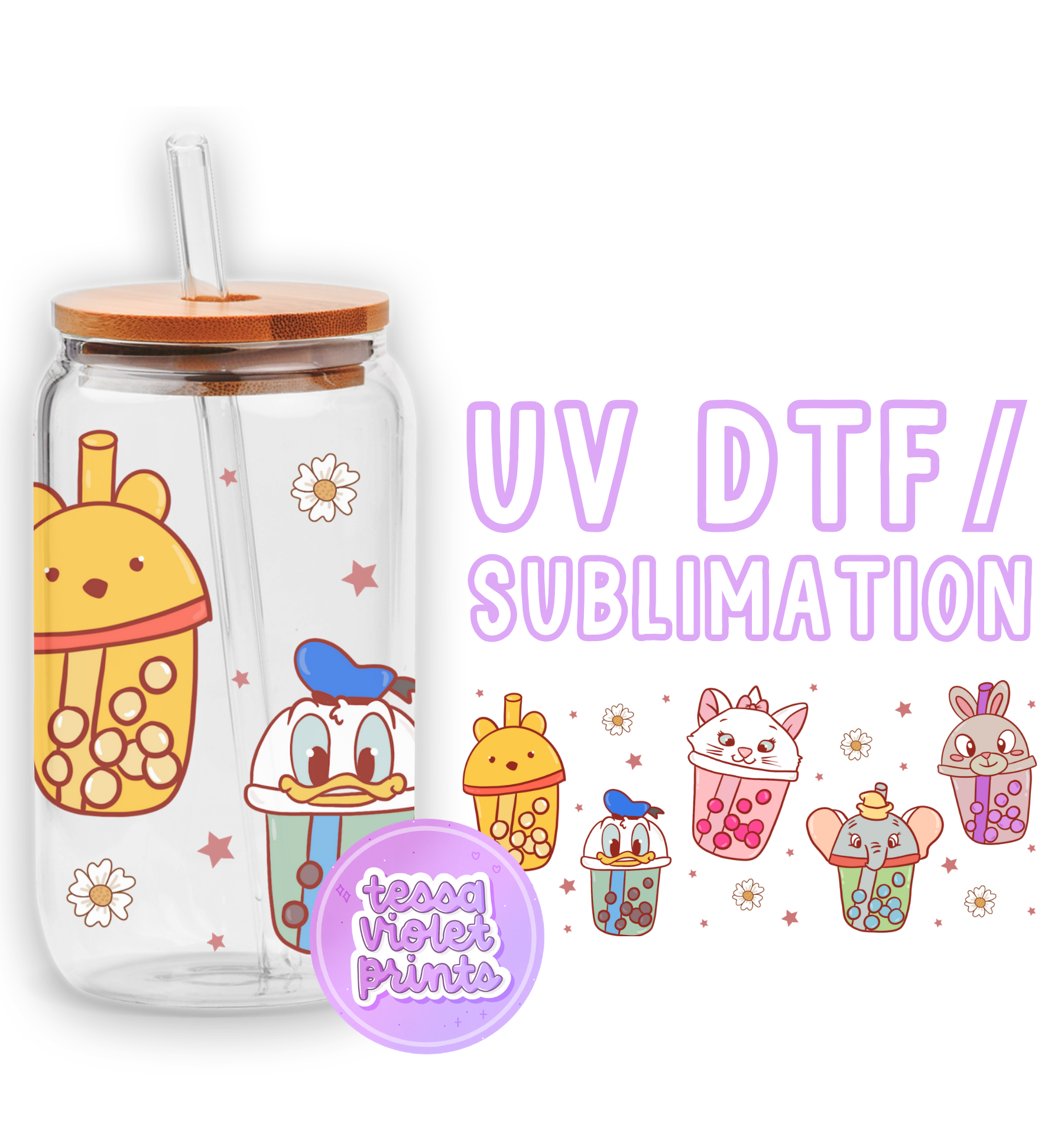 a glass cup with a straw lid and a cartoon character on it