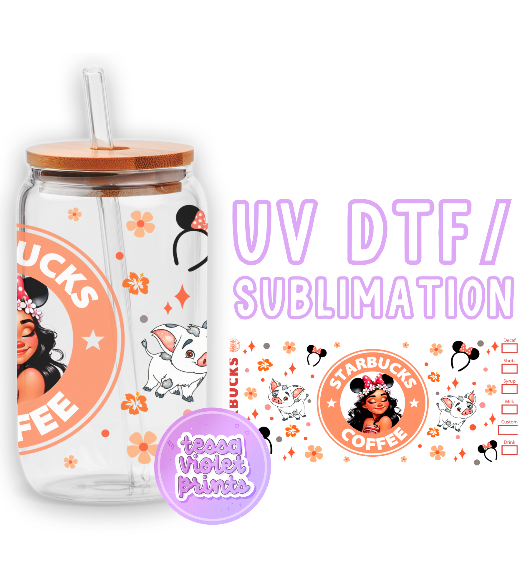 a glass cup with a lid and a straw in front of it