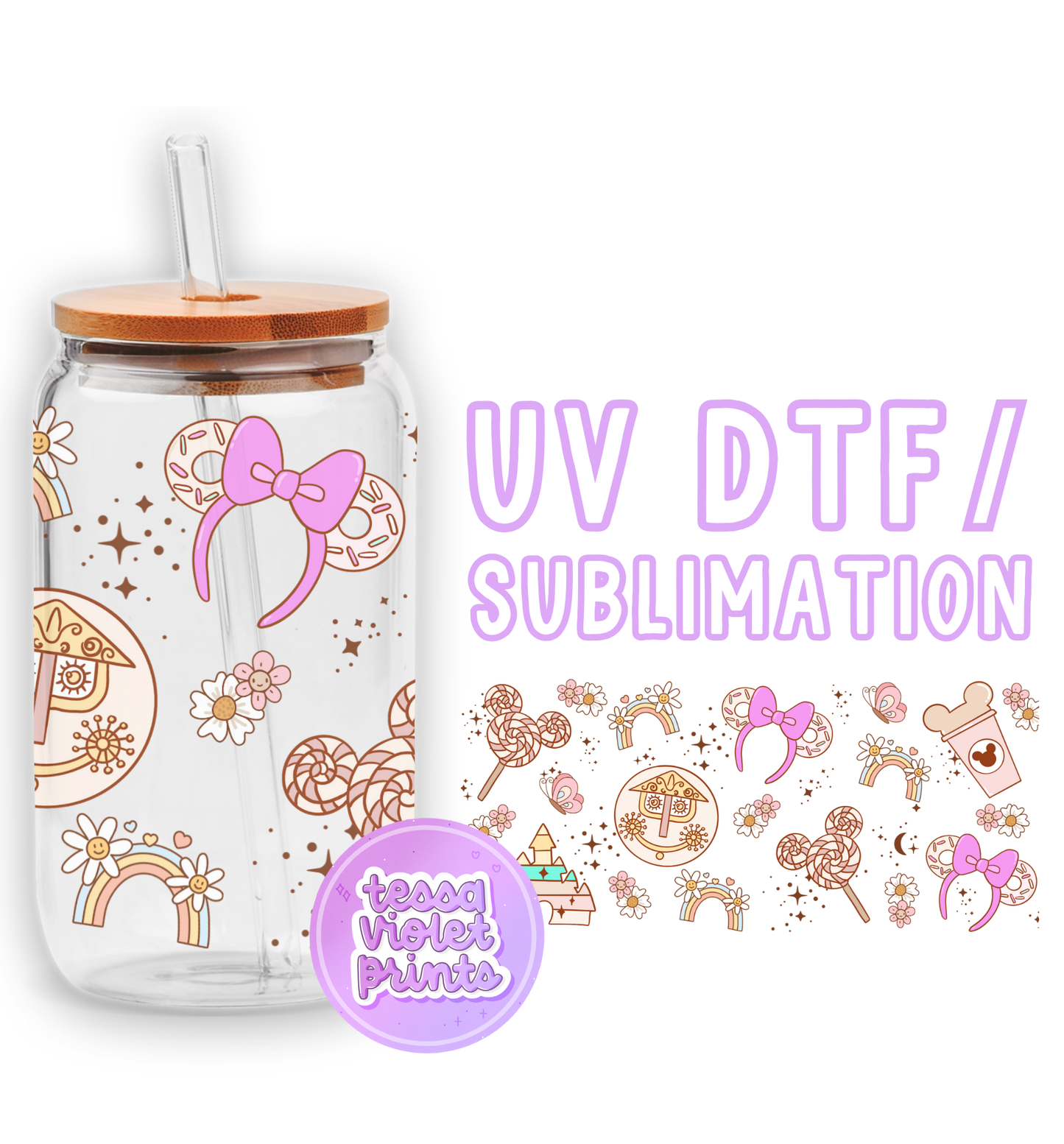 a glass jar with a lid and a sticker with a pink bow on it