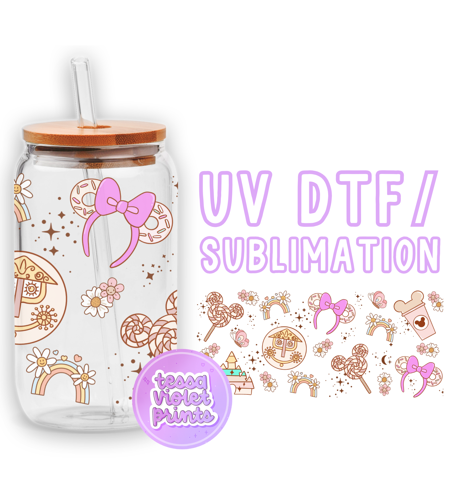 a glass jar with a lid and a sticker with a pink bow on it