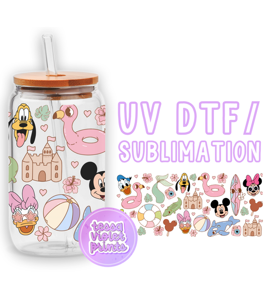 a glass jar with a mickey mouse pattern on it