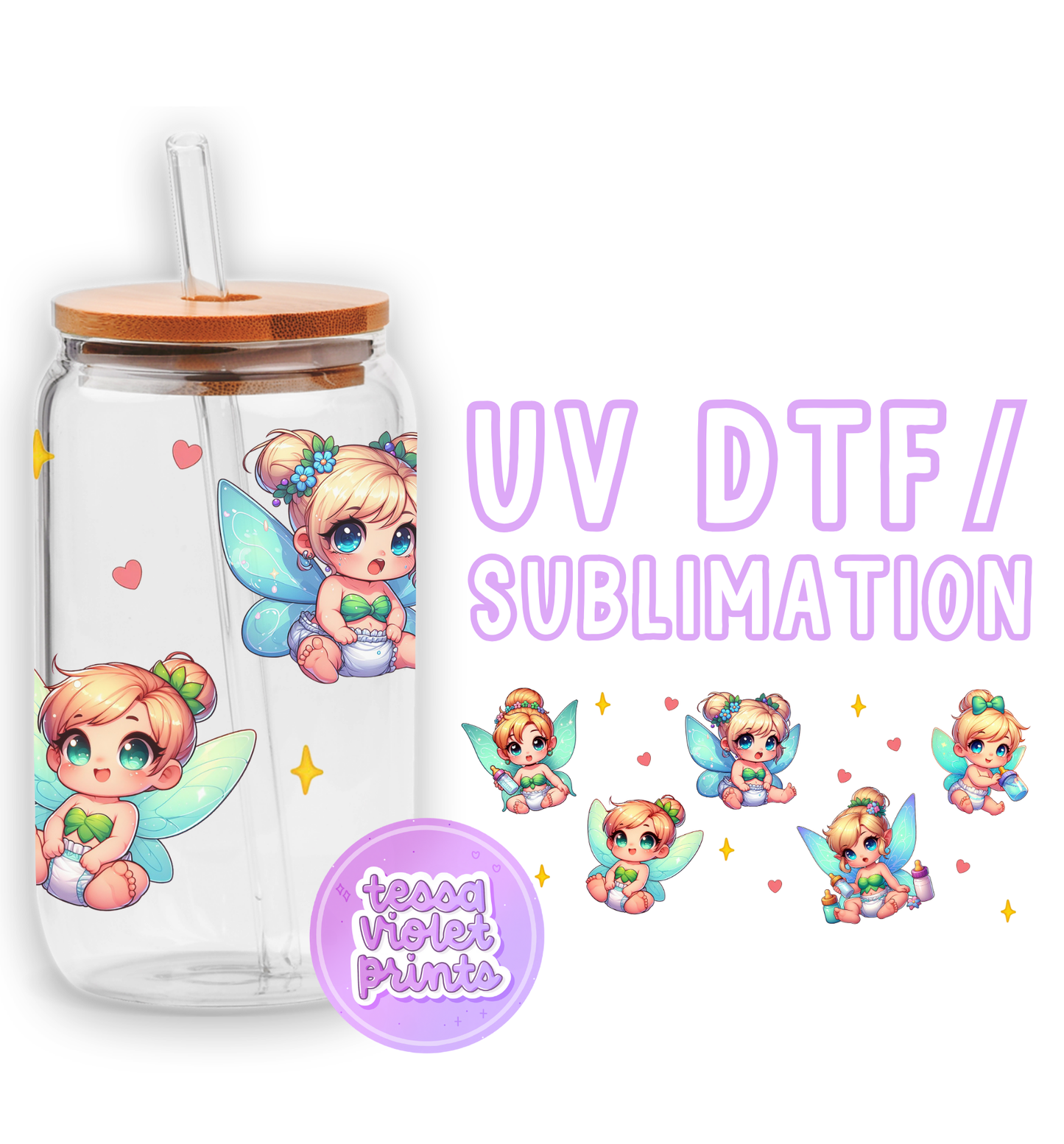 a glass cup with a picture of a fairy on it