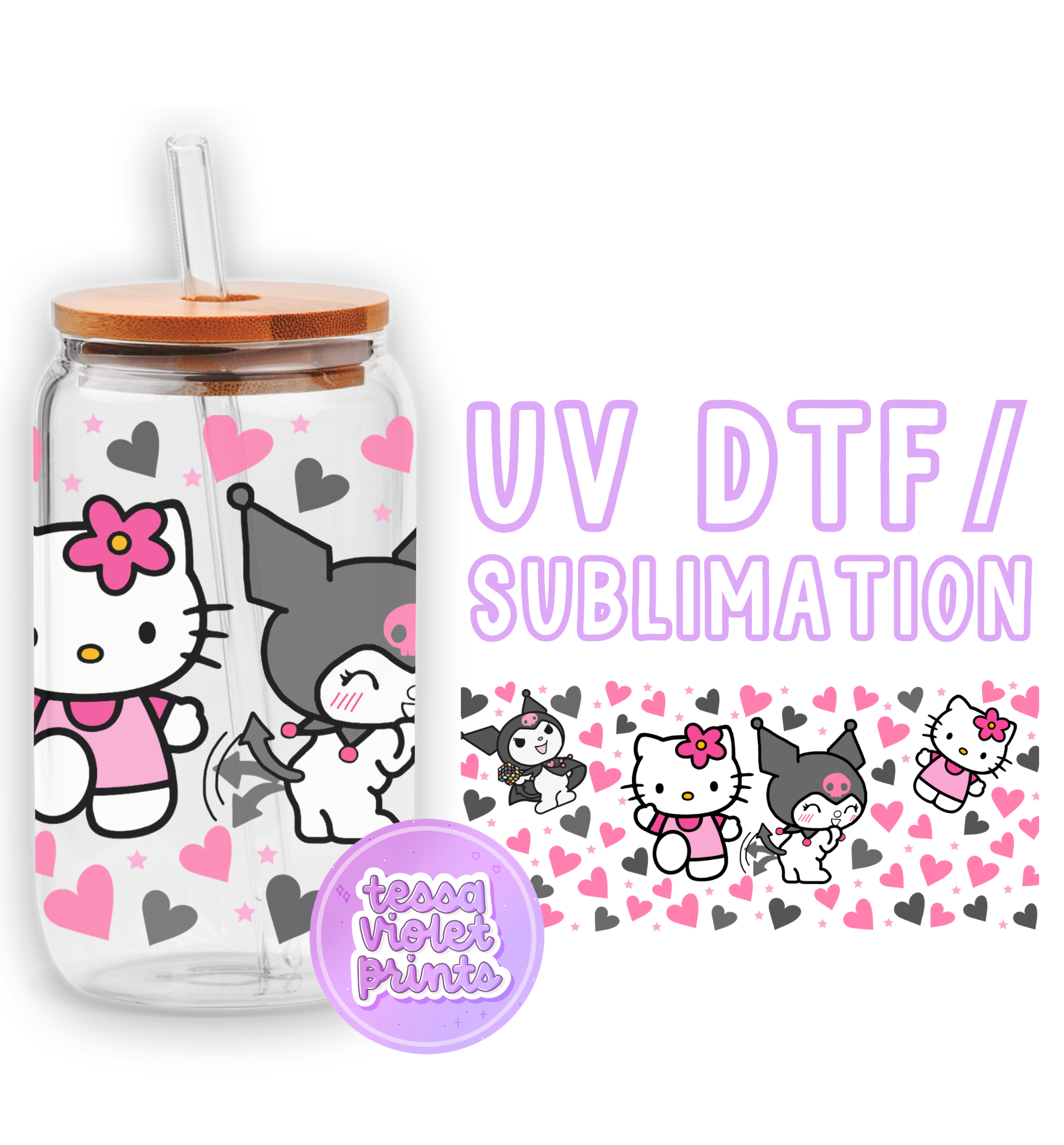 a glass jar with hello kitty stickers on it