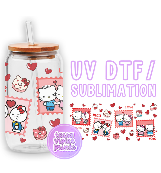 a glass jar with hello kitty stickers on it