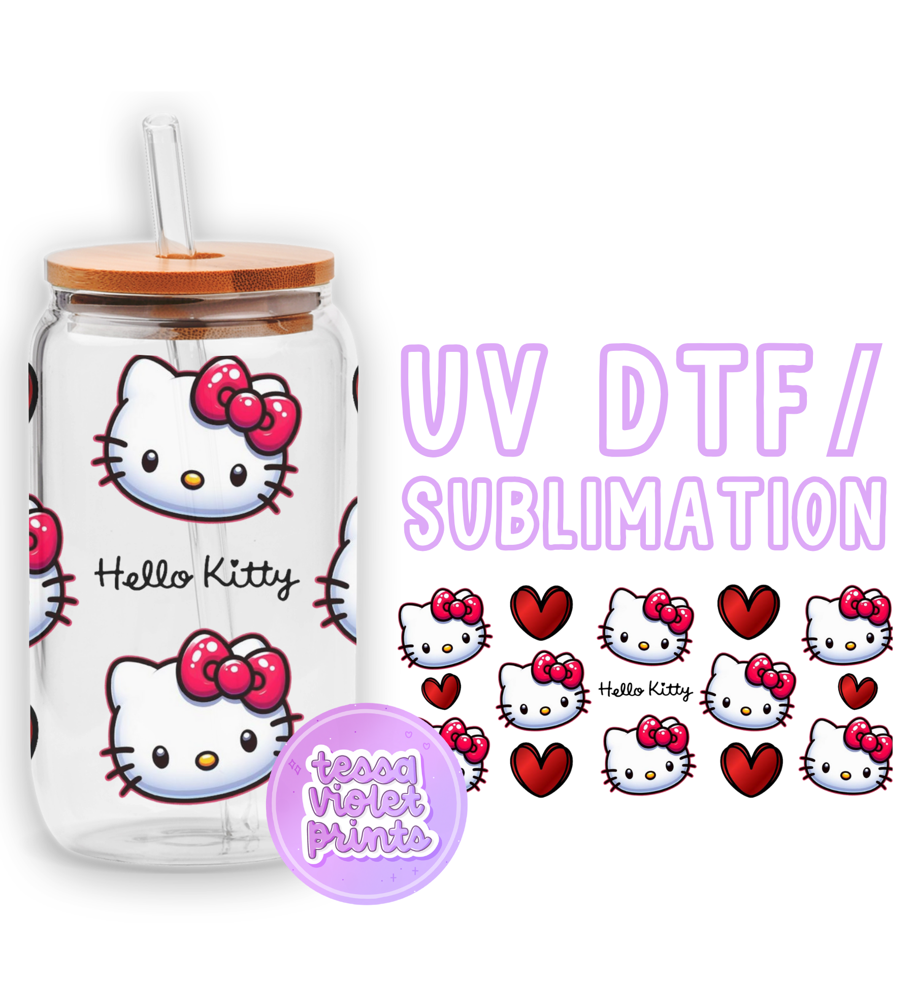 a glass jar with hello kitty stickers on it