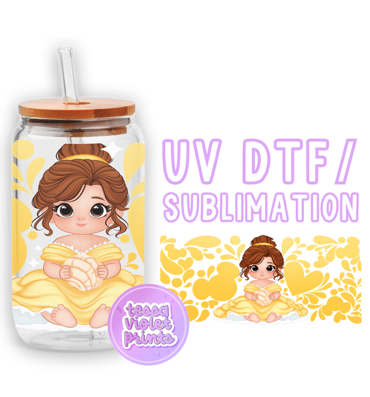 a girl in a yellow dress sitting in a glass jar