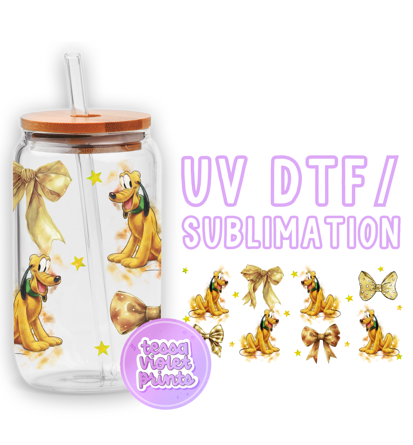 a picture of a yellow dog with a bow on it