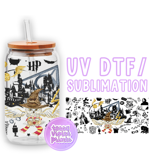 a glass jar with a straw lid and a picture of a castle on it