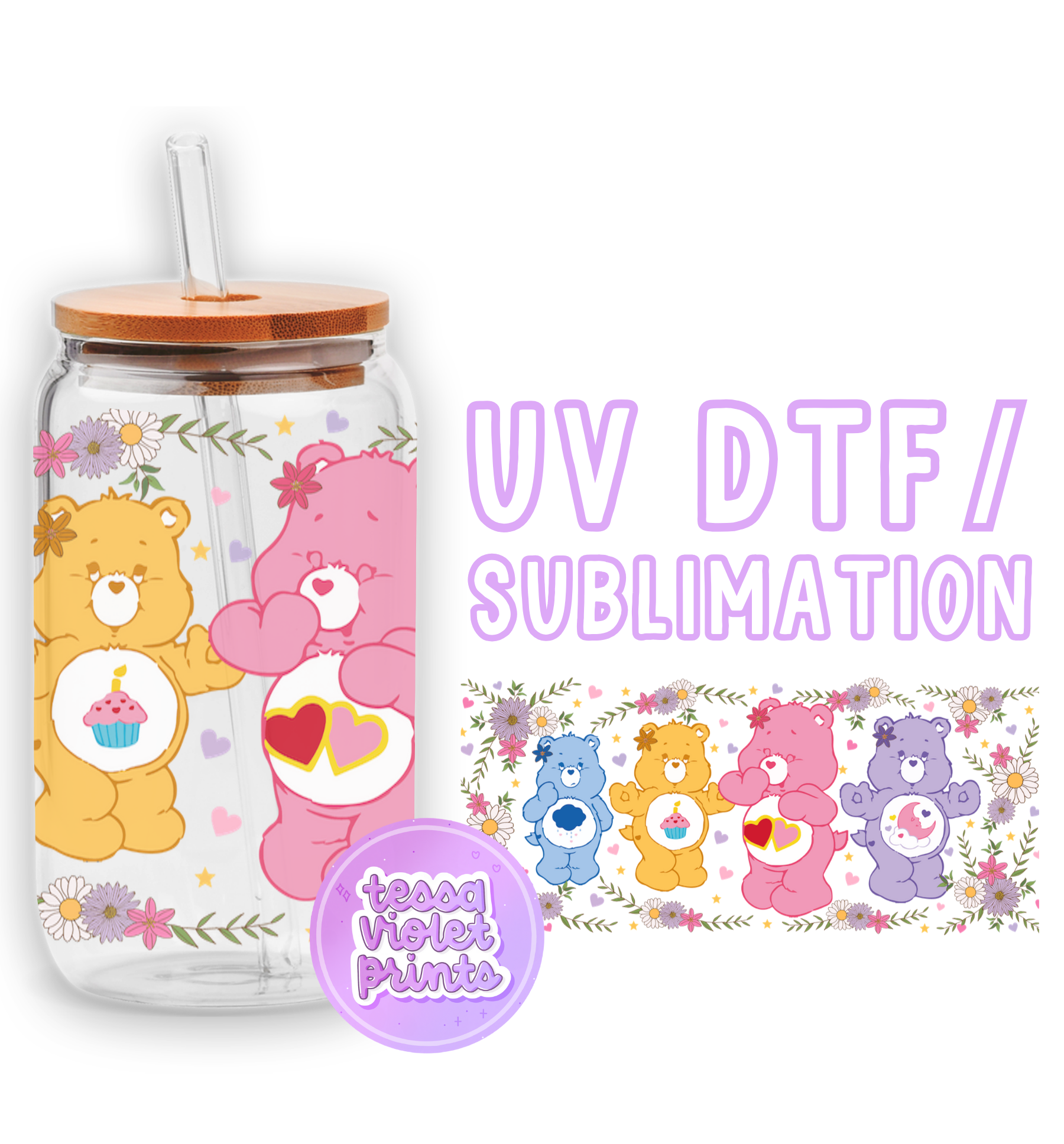 a glass jar with a bear design on it