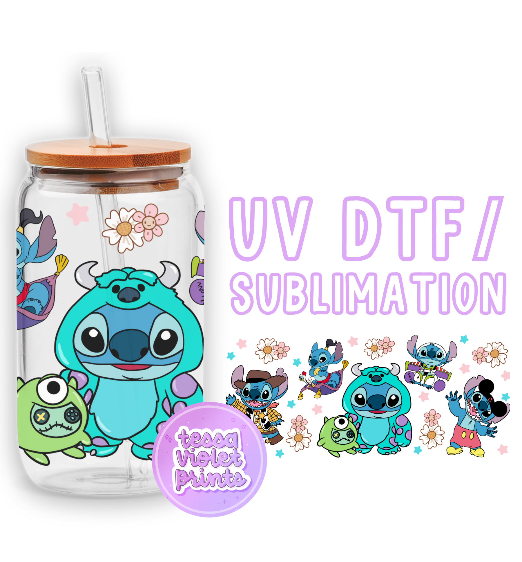 a glass cup with a straw lid and a sticker on it