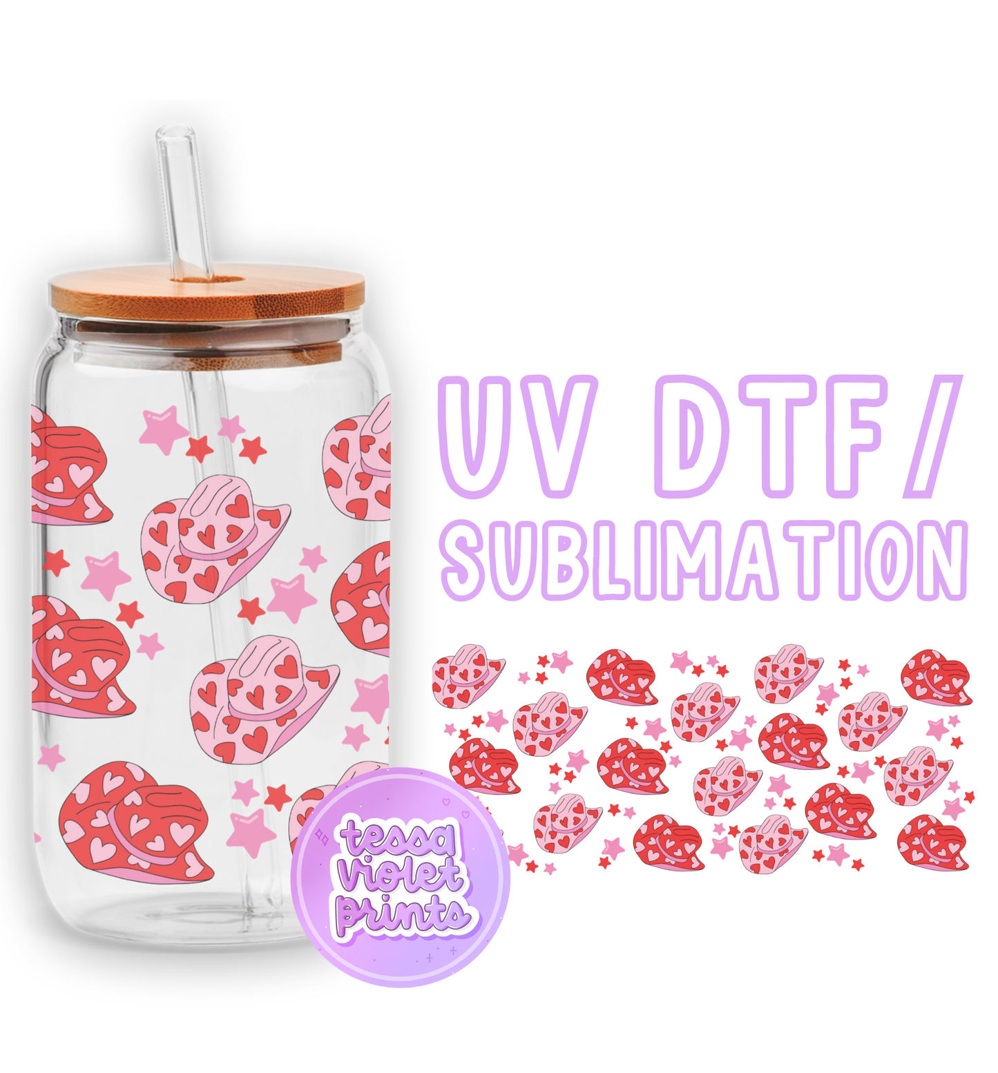 a glass jar with pink hearts and stars on it