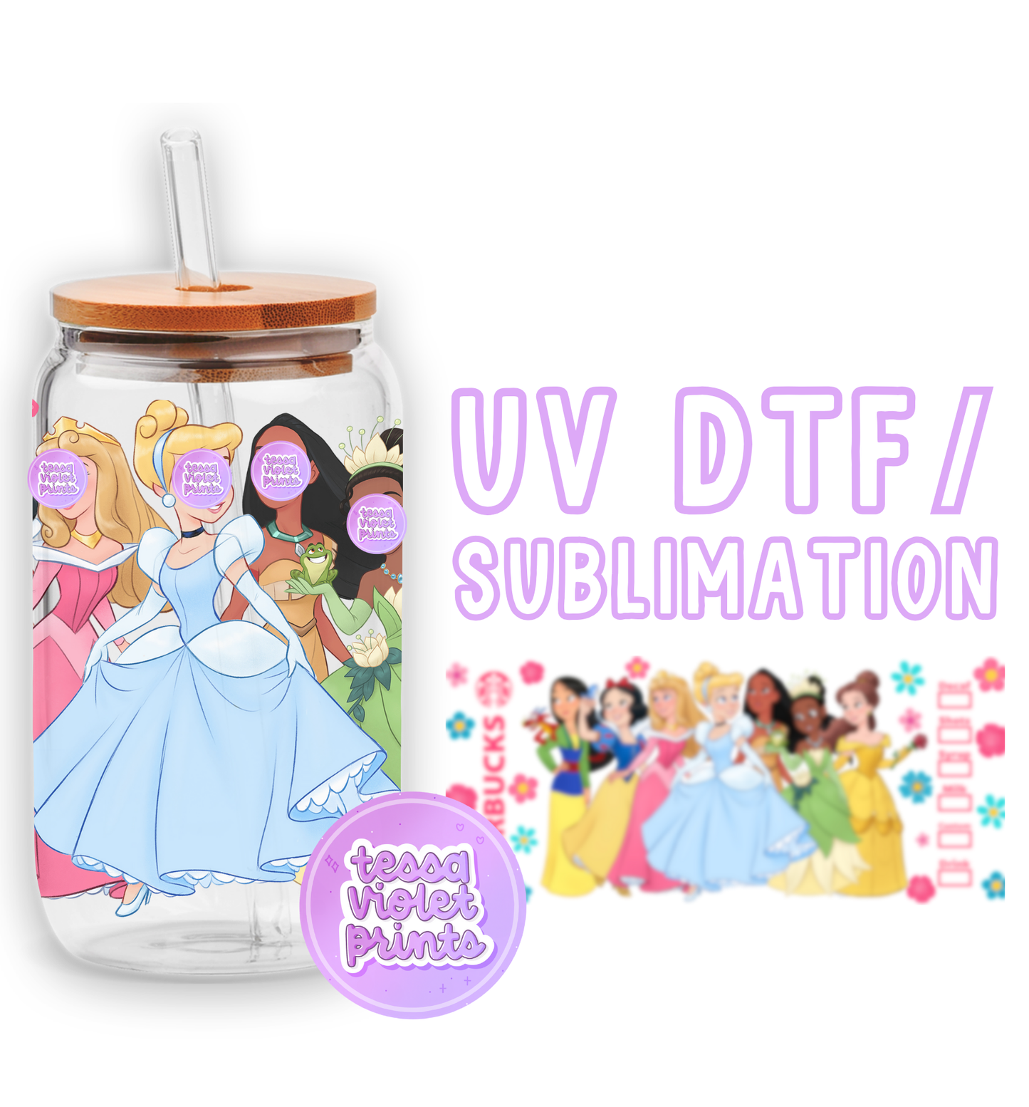 a glass jar with a picture of princesses on it