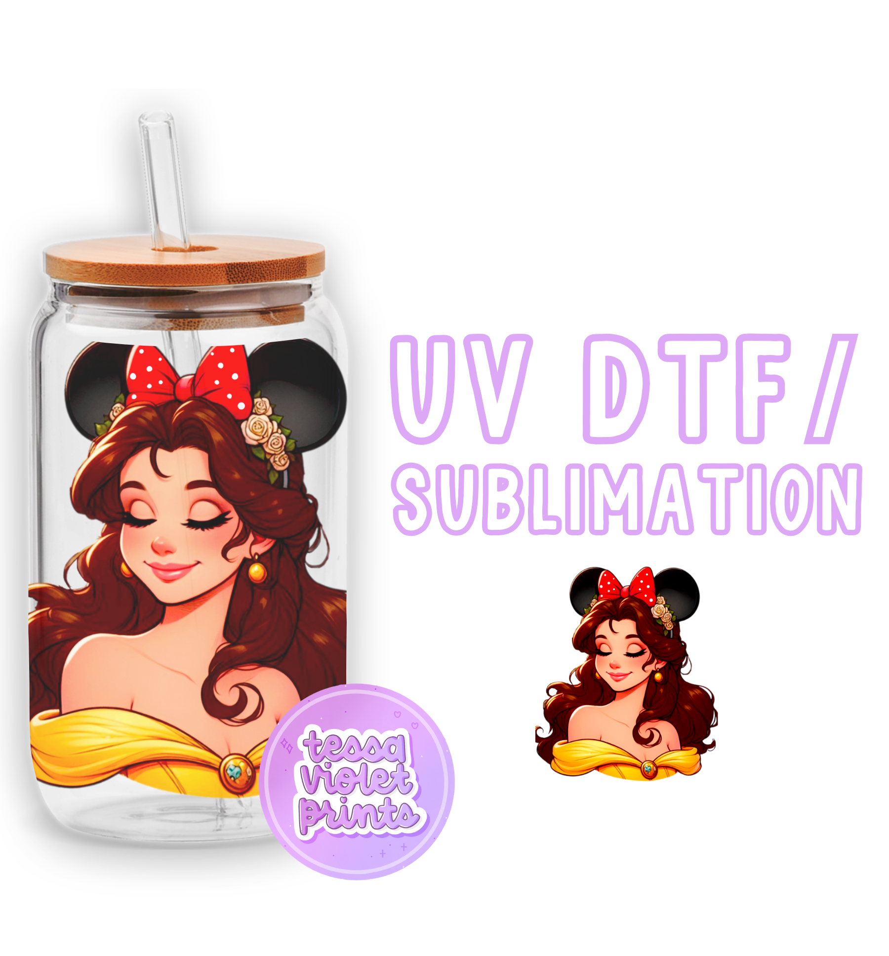 a glass jar with a picture of a woman wearing a minnie mouse hat