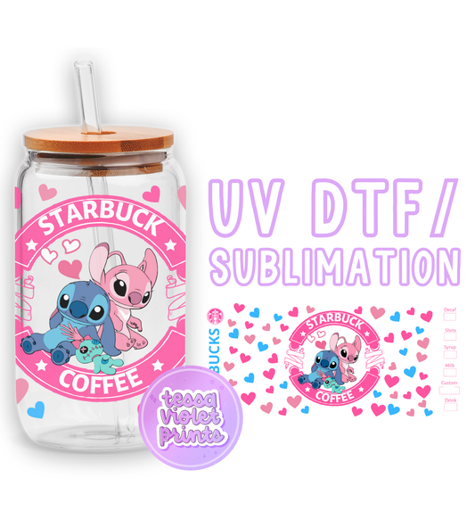 a glass jar with a straw lid and a sticker with a picture of two