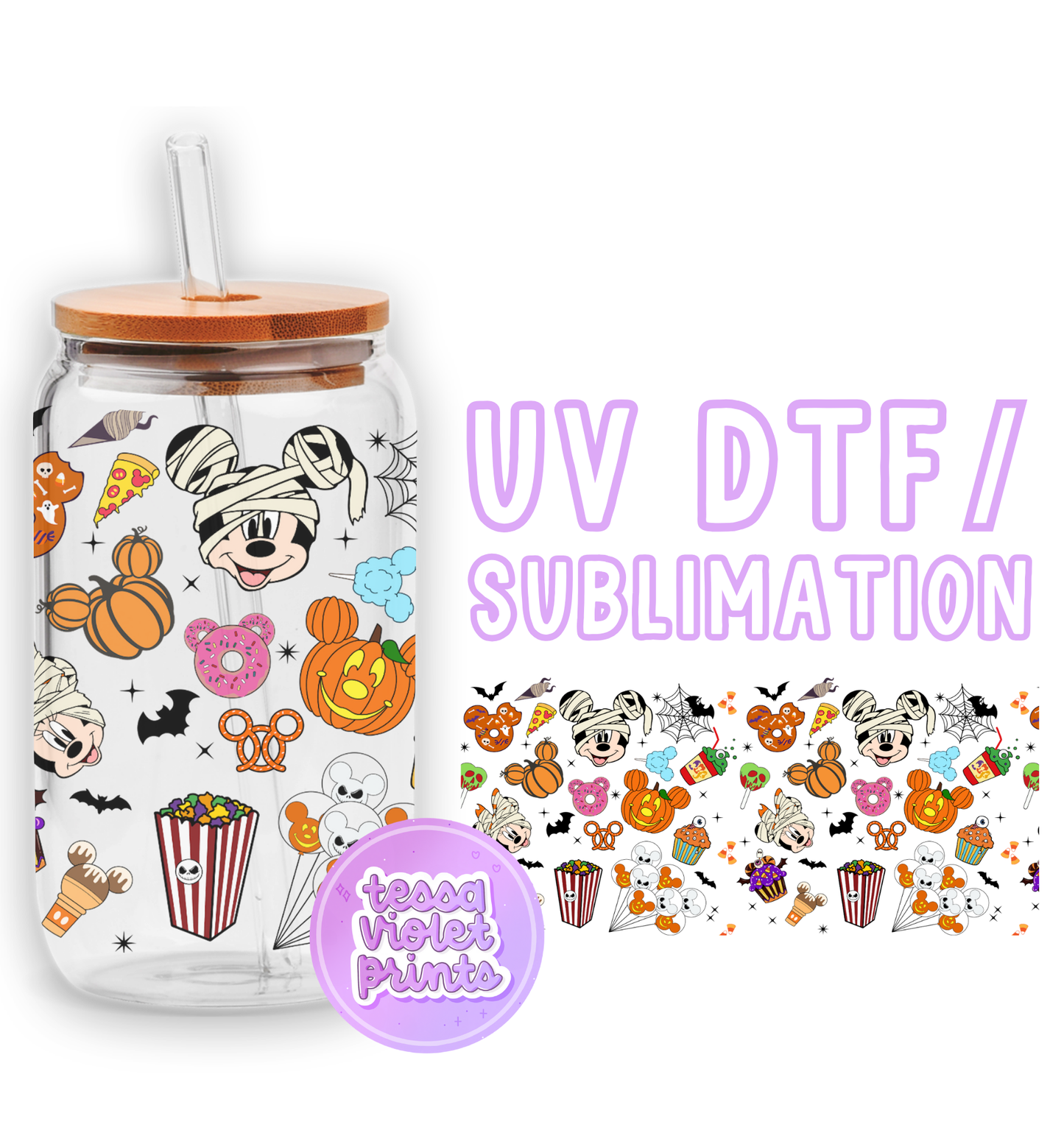 a glass jar with a sticker of cartoon characters on it