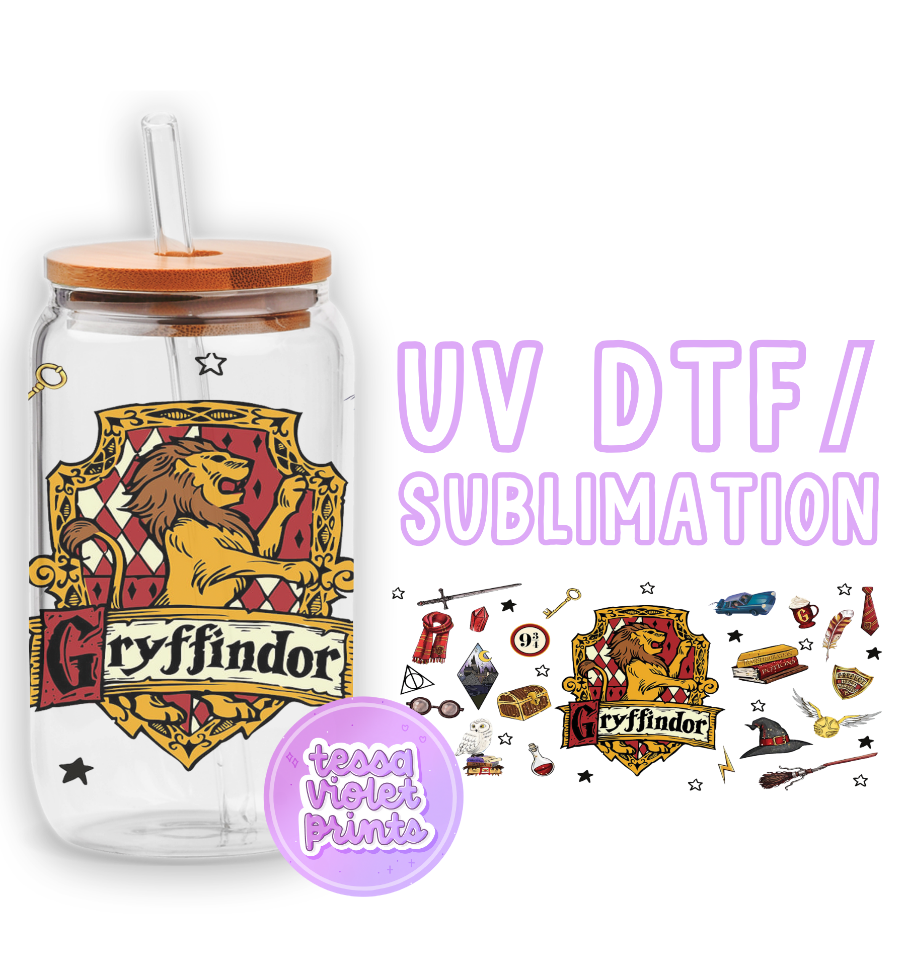 a harry potter themed glass jar with a straw lid