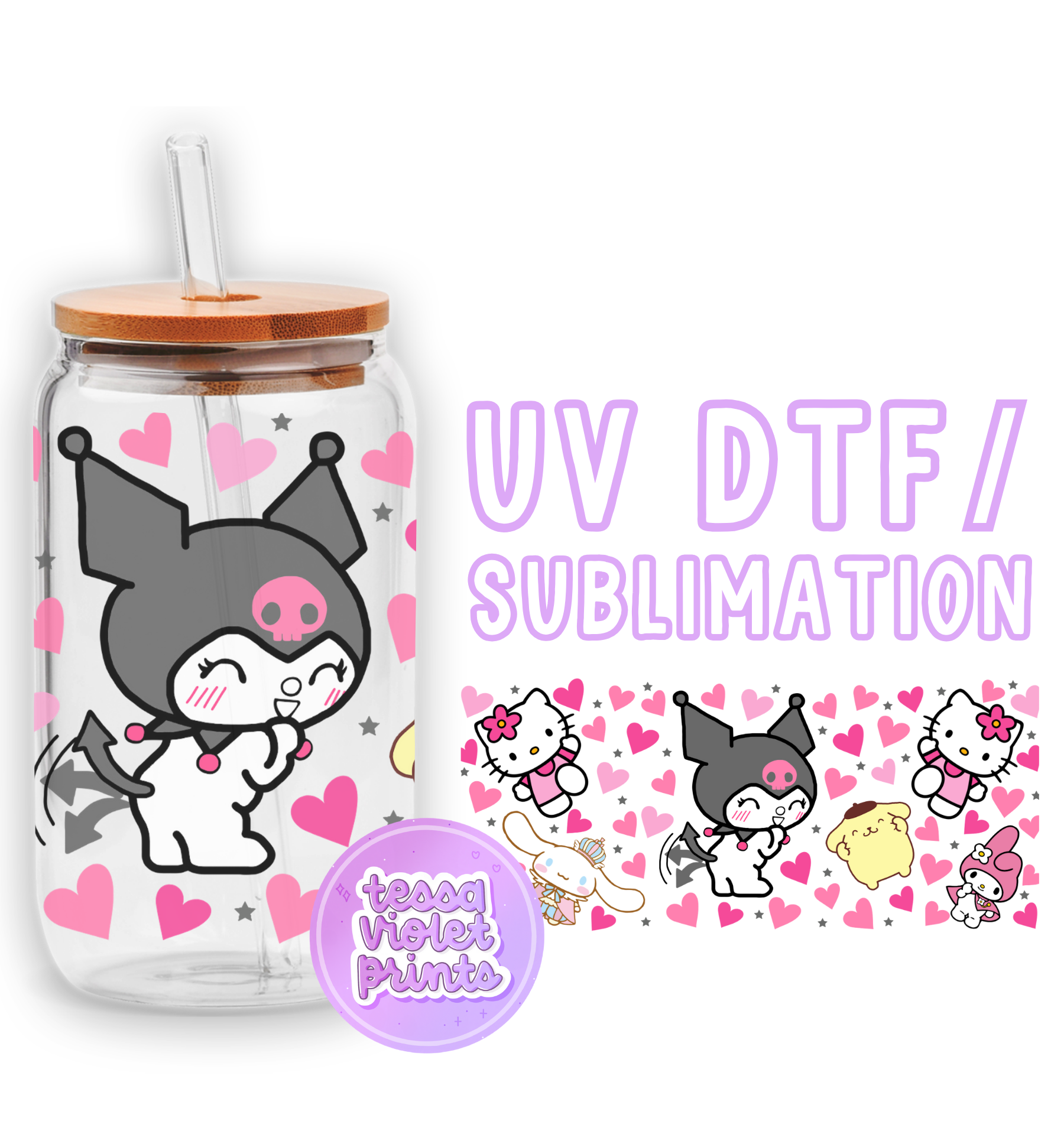 a glass jar with hello kitty stickers on it