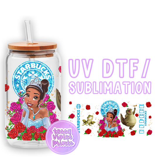 a glass jar with a sticker of a princess and the frog on it