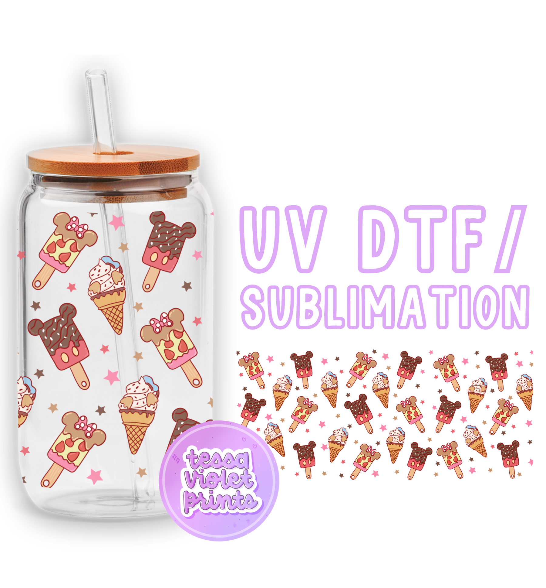 a glass jar with a straw lid and a sticker of ice cream on it