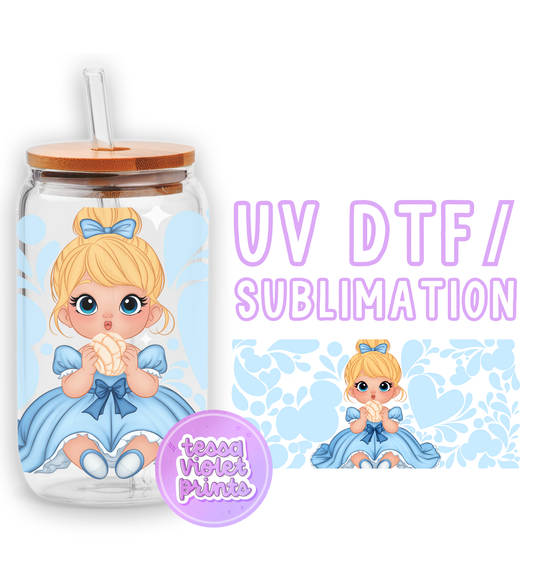 a glass jar with a picture of a little girl on it