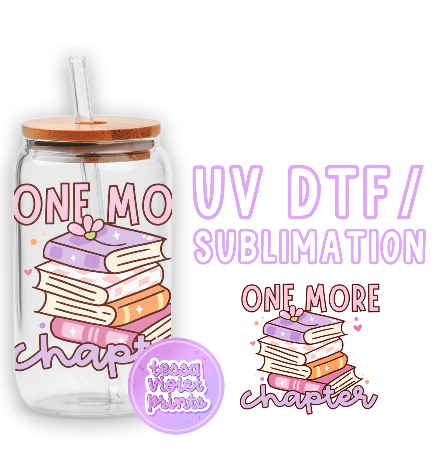 a glass jar with a straw lid and a sticker with a stack of books