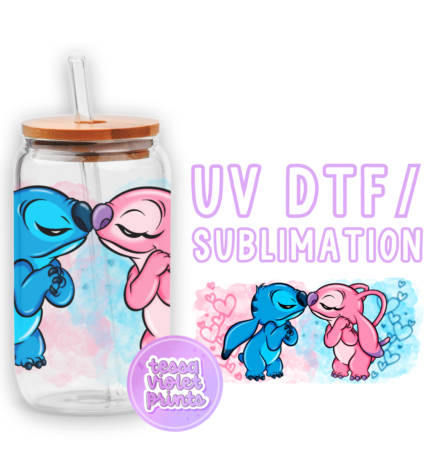 a glass jar with a pink and blue design on it